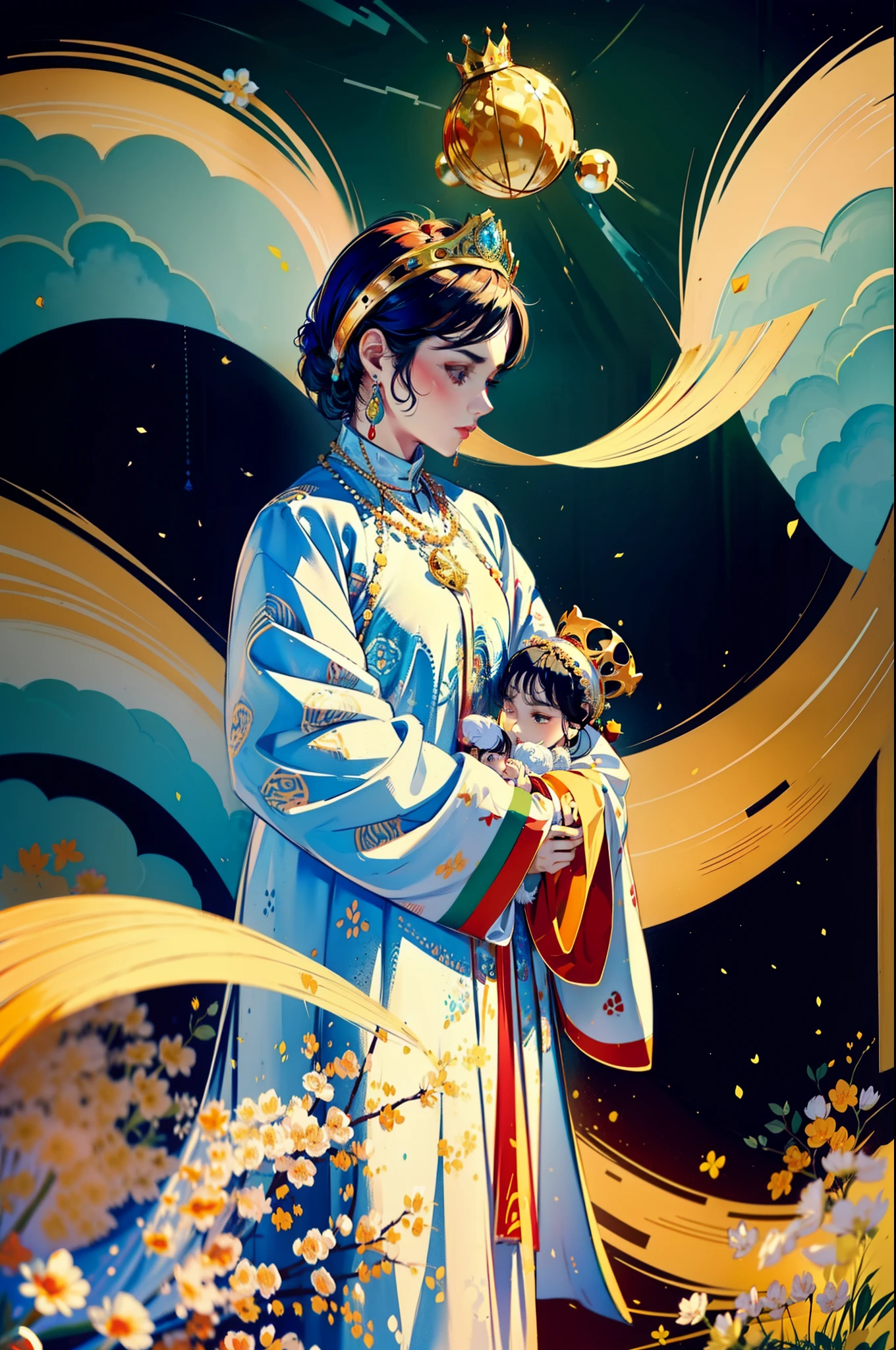 Water colour painting style, The beautiful -yeld qu holds a (baby prin.5) wearing shavings in her arms, Walking, Straight eyes, radiating a brilliant aura, Rosary handle, Crown Team, (Systemic: 2.0), Stand in the cloud, our lady, (full body: 2.0)