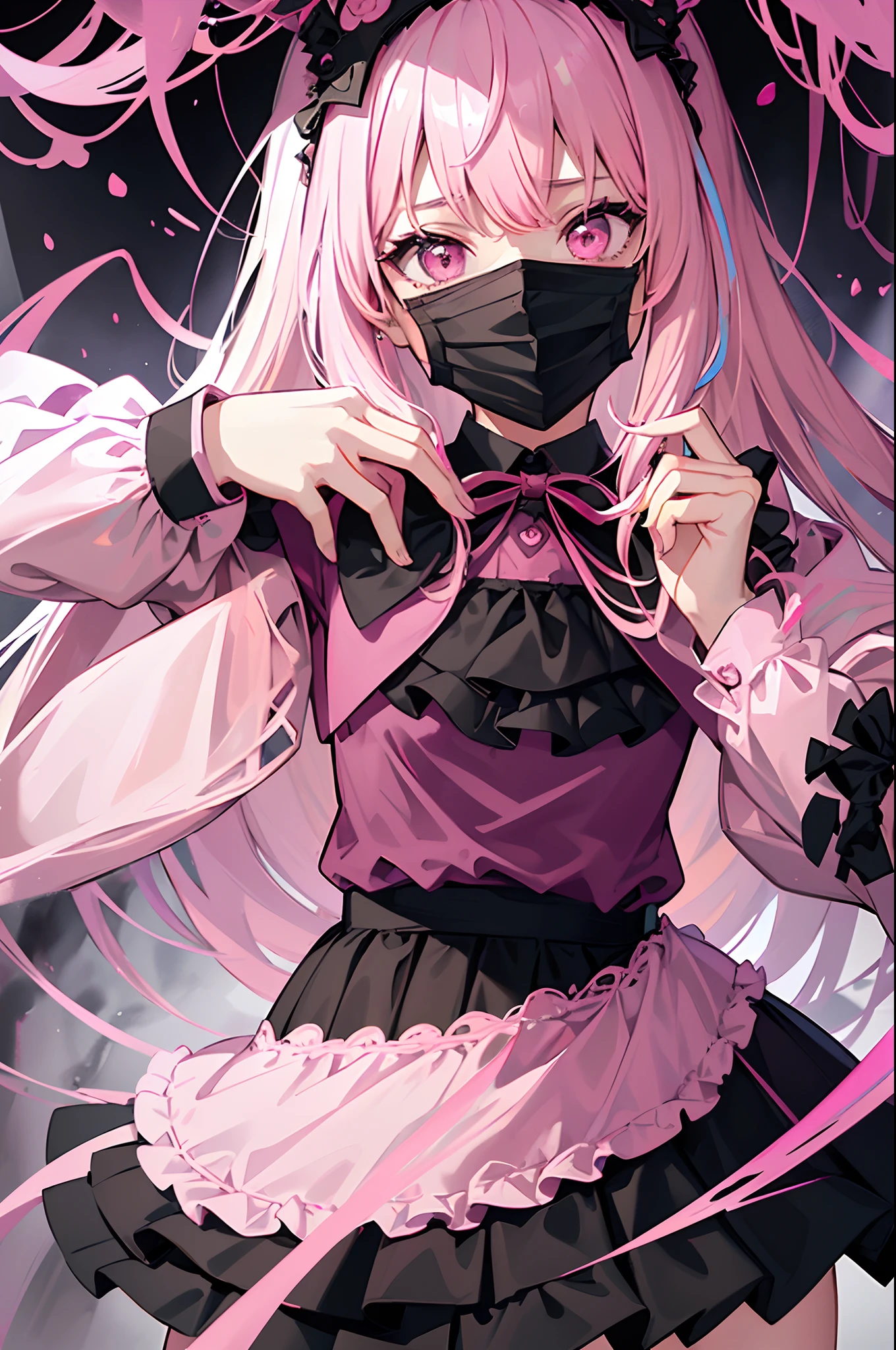 1girl in、​masterpiece、highly detailed、hyper quality、High definition illustration、(Black mask:1.4)、(pink colored shirt:1.8)、Cosplay、Japan Girl Face、jirai kei、Bangs、a short bob、Black skirt、Black bow、Looking at Viewer、Bow、Long sleeves、Choker、bow ribbon、Psychedelic Art、(Pathological atmosphere:1.8)、fractals、colourfull、elaborate