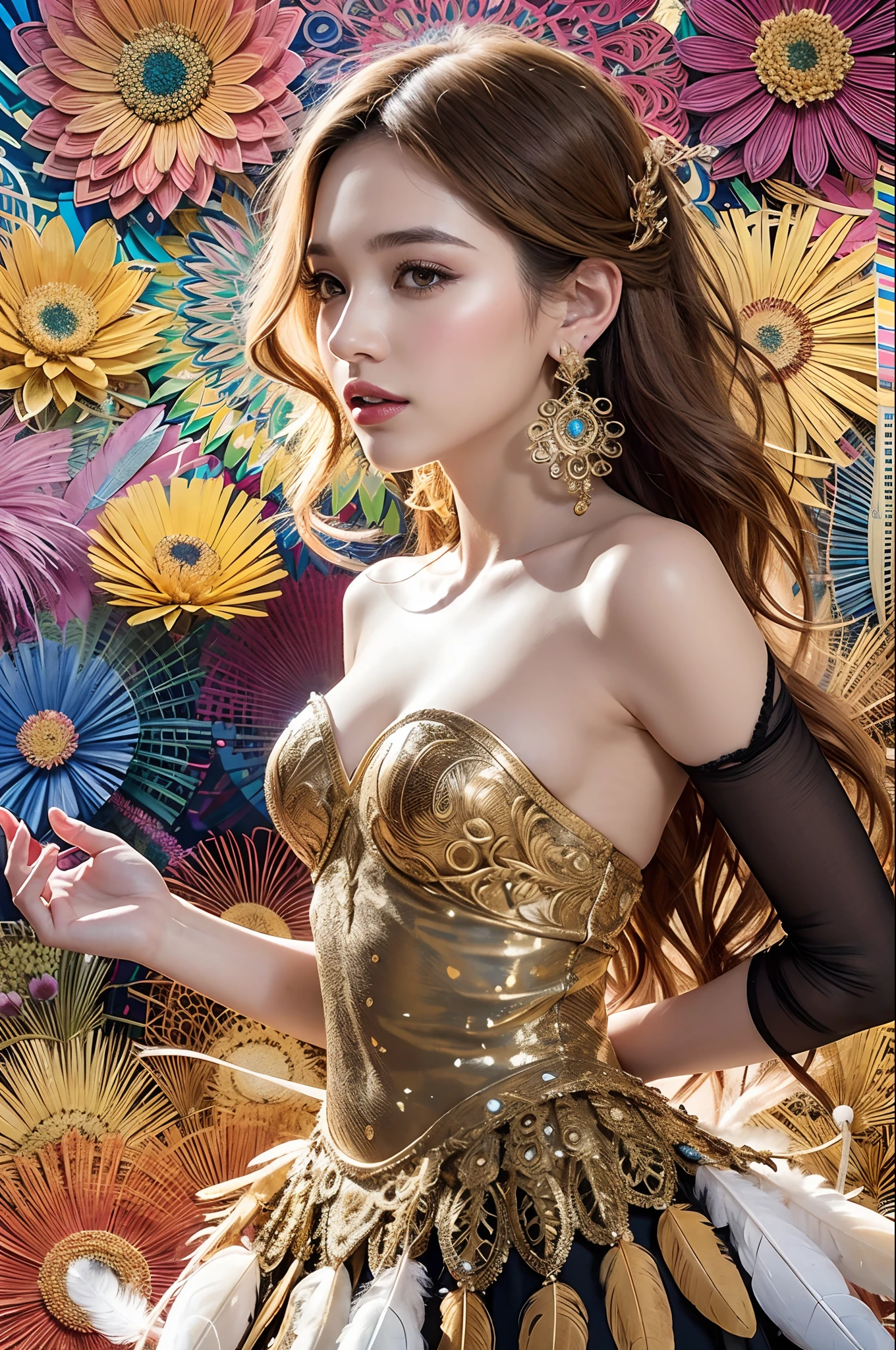 A girl with small breasts, bare shoulders, golden hair, colored feathers, metal ornaments, colored flowers, particles, light rays, (masterpiece, top quality, best quality, official art, beautiful and aesthetic:1.2), (1girl:1.3), extremely detailed,(fractal art:1.1),(colorful:1.1)(flowers:1.3),highest detailed,(zentangle:1.2), (dynamic pose), (abstract background:1.3), (shiny skin), (many colors :1.4), ,(earrings:1.4), (feathers:1.4)