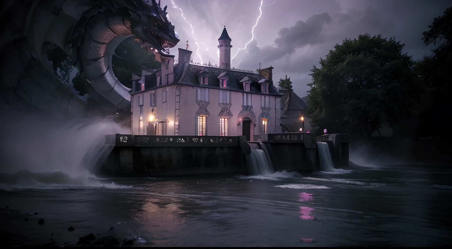 maison de magicien, proche de l'eau, sur falaise, avec tempete d'orage, plein d'eclairs, de lumiere, et des animaux aux ailes de dragon qui volent, style fantastique, magique, couleur violet, epic