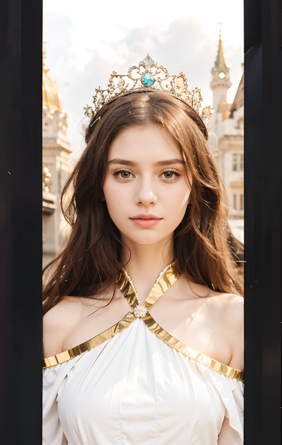 girl with long hair wearing a crown and a white dress, 25 year old girl, big tits, Realistic, city background