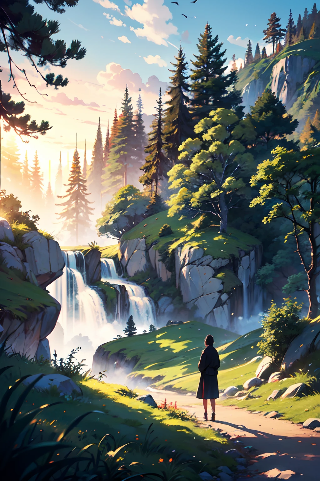 This captivating image evokes a sense of peacefulness and tranquility in nature. The frame is filled with a serene landscape stretching as far as the eye can see. Rolling hilltops, adorned with lush greenery, cascade gently towards a horizon blanketed by an array of pastel hues. Soft sunlight bathes the scene, casting a warm glow that seeps through the tranquil atmosphere. The focal point of the image is a solitary tree, its branches reaching upwards towards the heavens. The leaves sway gently in the barely perceptible breeze, creating a harmonious melody of whispers. As if in response, the nearby birds rest upon the branches, their stillness mirroring the calmness of the surroundings. The image captures a moment of stillness, inviting the viewer to immerse themselves in the serenity of nature and surrender to the soothing embrace of silence.