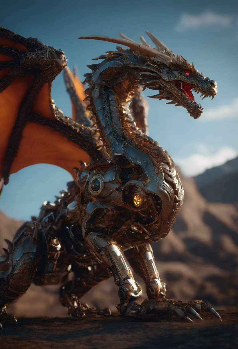 Robotic dragon, 8k unreal engine render, wires and gears, photorealistic