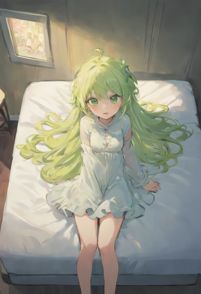Silver-haired, Green-eyed little loli lying barefoot on bed，showing your whole body，no-bra，，I lifted the sheets with one hand to hide them ，With one hand lifted the nightdress to expose the panties，She looked shy，hightquality，ultra - detailed、perspiring