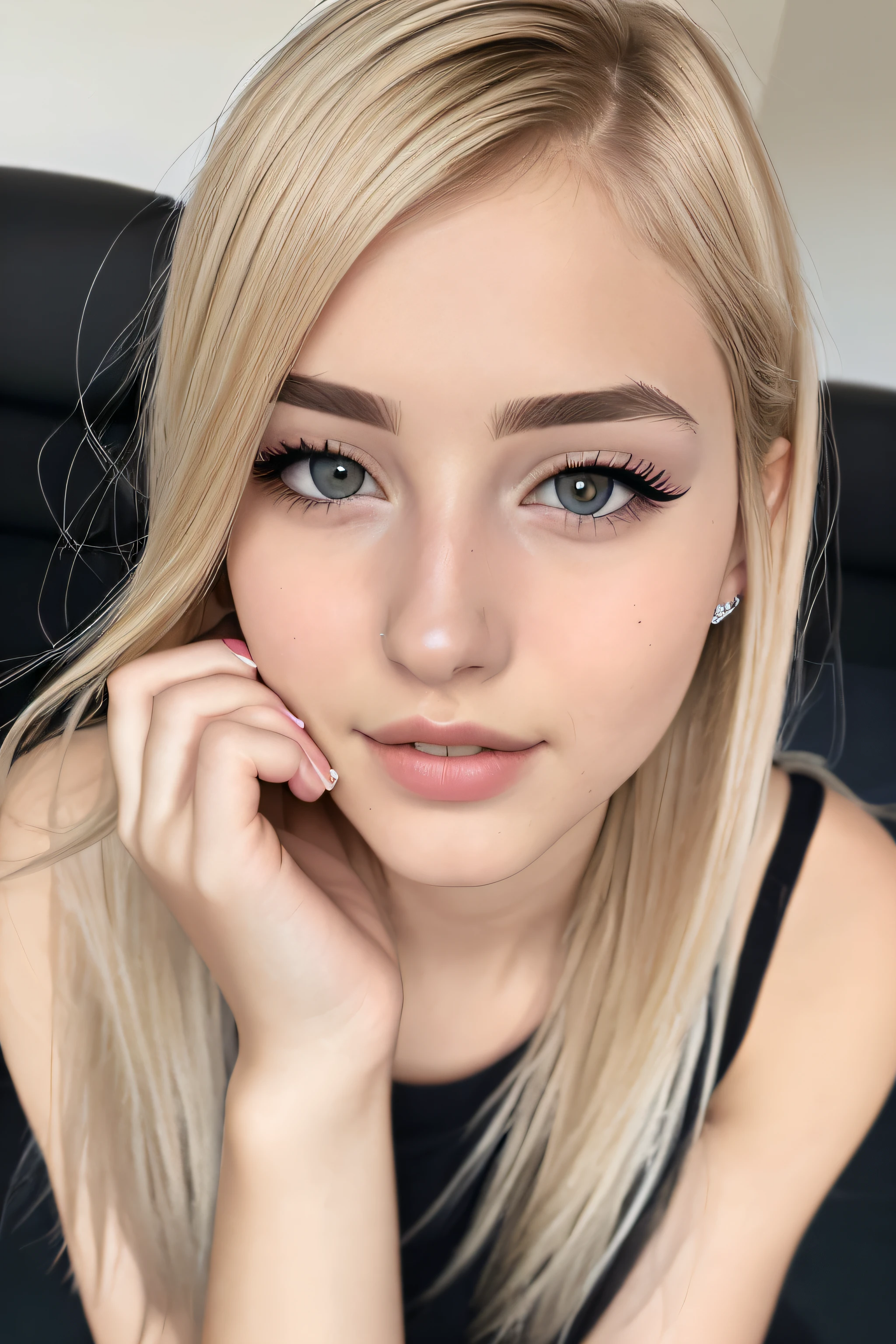 ((best quality)), ((ultra res)), ((photorealistic)), (intricate details), 19 years old, blonde hair, perfect face, make up:1.5, light on face, face detail, pixie_cut,