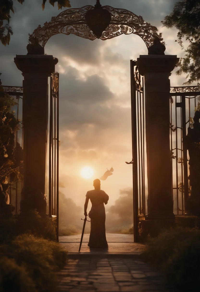 Entrance to the Garden of Eden、Cherubim statues on both sides of the gate and、Place the sparkling sword flame、