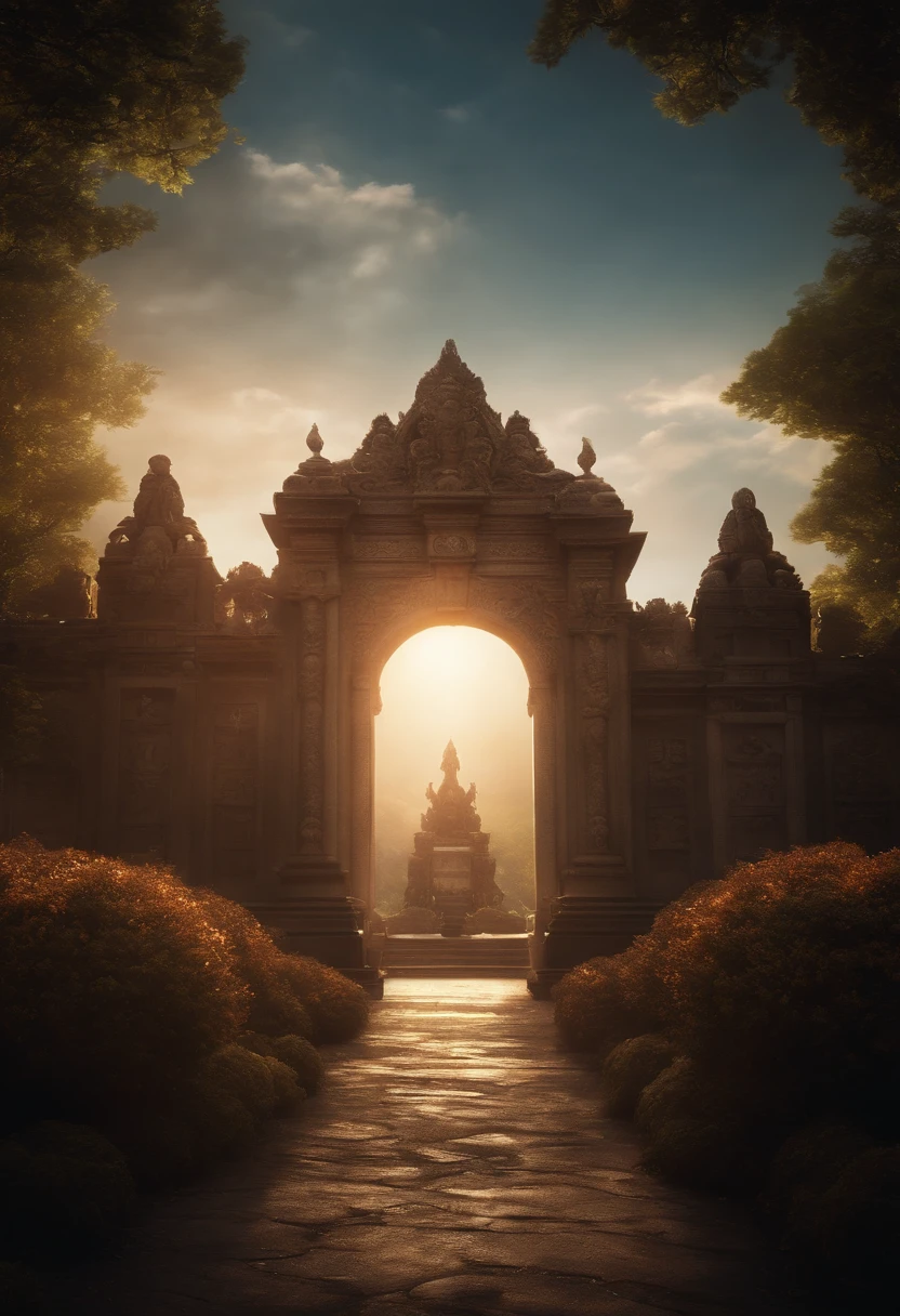 Entrance to the Garden of Eden、Cherubim statues on both sides of the gate and、Place the sparkling sword flame、