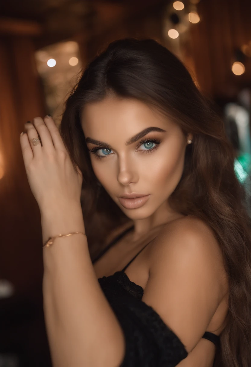 Femme arafed avec de gros seins, fille sexy aux yeux verts, Portrait Sophie Mudd, cheveux bruns et grands yeux, selfie of a young woman, Yeux de chambre, Violet Myers, sans maquillage, maquillage naturel, looking straight at camera, Visage avec Artgram, Maquillage subtil, Superbe photo du corps entier, piercing green eyes, Bel angle, fille mignonne, Image du corps entier, corps entier, Prise de vue du corps entier, brunette goddess, High detail, sexy pose, night club, parti, amusement