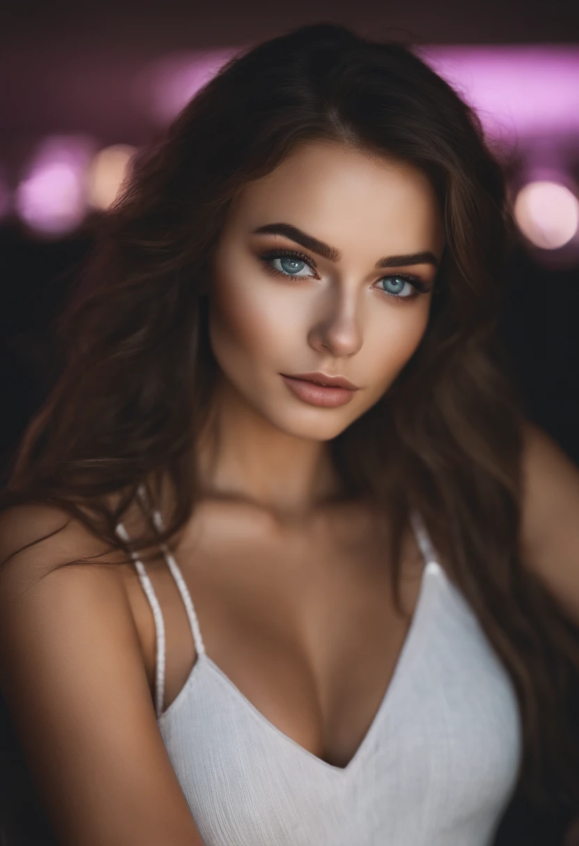 Femme arafed avec de gros seins, fille sexy aux yeux verts, Portrait Sophie Mudd, cheveux bruns et grands yeux, selfie of a young woman, Yeux de chambre, Violet Myers, sans maquillage, maquillage naturel, looking straight at camera, Visage avec Artgram, Maquillage subtil, Superbe photo du corps entier, piercing green eyes, Bel angle, fille mignonne, Image du corps entier, corps entier, Prise de vue du corps entier, brunette goddess, High detail, sexy pose, night club, parti, amusement