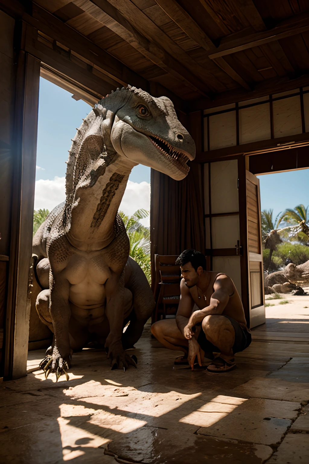 With the brontosaura on the island floor and the man in the foreground.