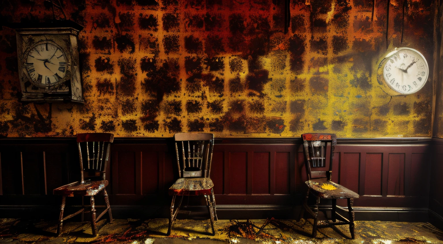 (masutepiece, hyper HD, Detailed:1.2), Spooky old-fashioned interrogation room, Lonely wooden chair, Crude Oil Clock, (Dried blood splattered on peeling wallpaper:1.3), Bare light bulb hanging from the ceiling, Dirty floor, (Evidence of past atrocities:1.2), grayscales, (Worn photo texture:1.1), Sepia tone, dreary atmosphere, Side view.