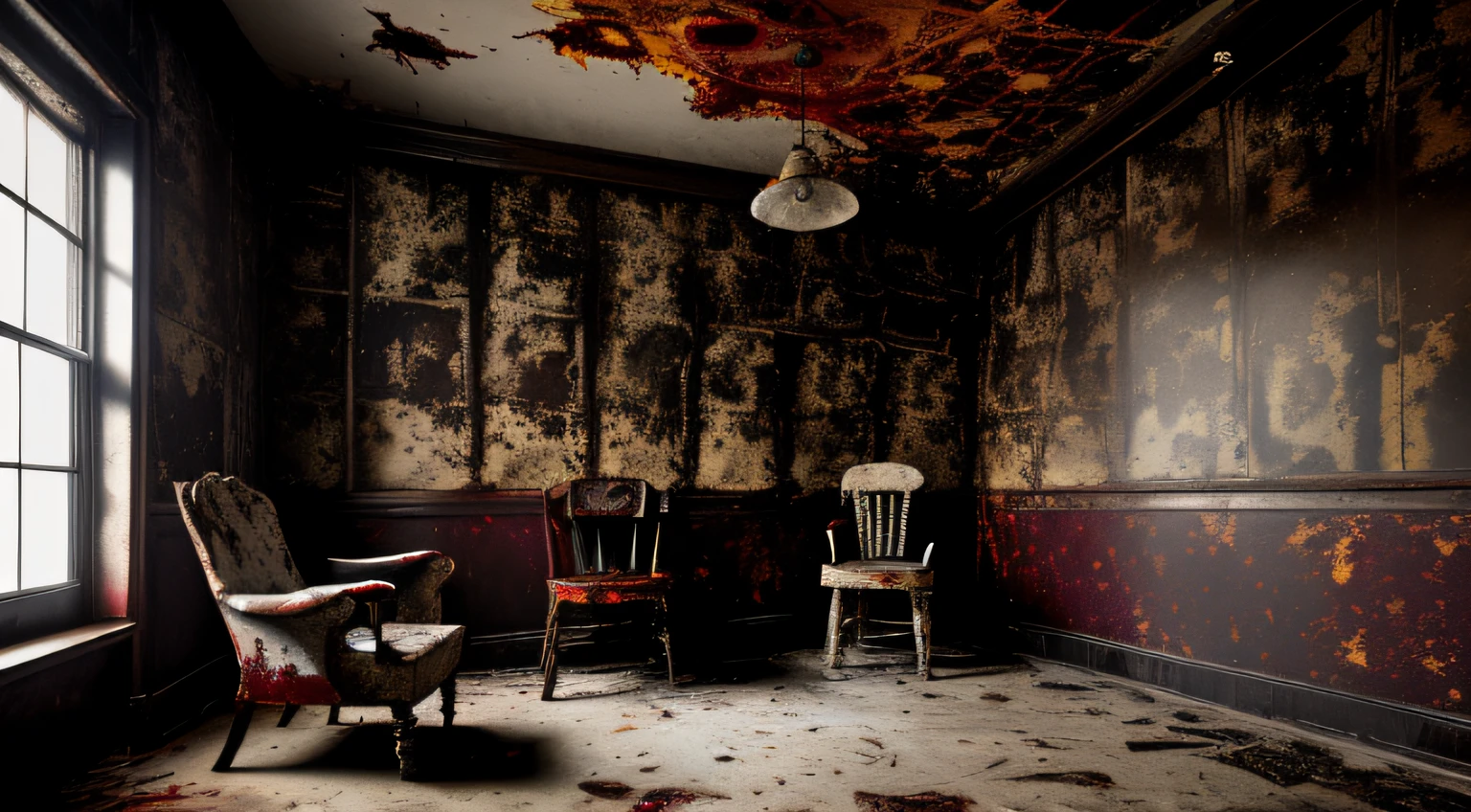 (masutepiece, hyper HD, Detailed:1.2), Spooky old-fashioned interrogation room, Lonely wooden chair, Crude Oil Clock, (Dried blood splattered on peeling wallpaper:1.3), Bare light bulb hanging from the ceiling, Dirty floor, (Evidence of past atrocities:1.2), grayscales, (Worn photo texture:1.1), Sepia tone, dreary atmosphere, Side view.