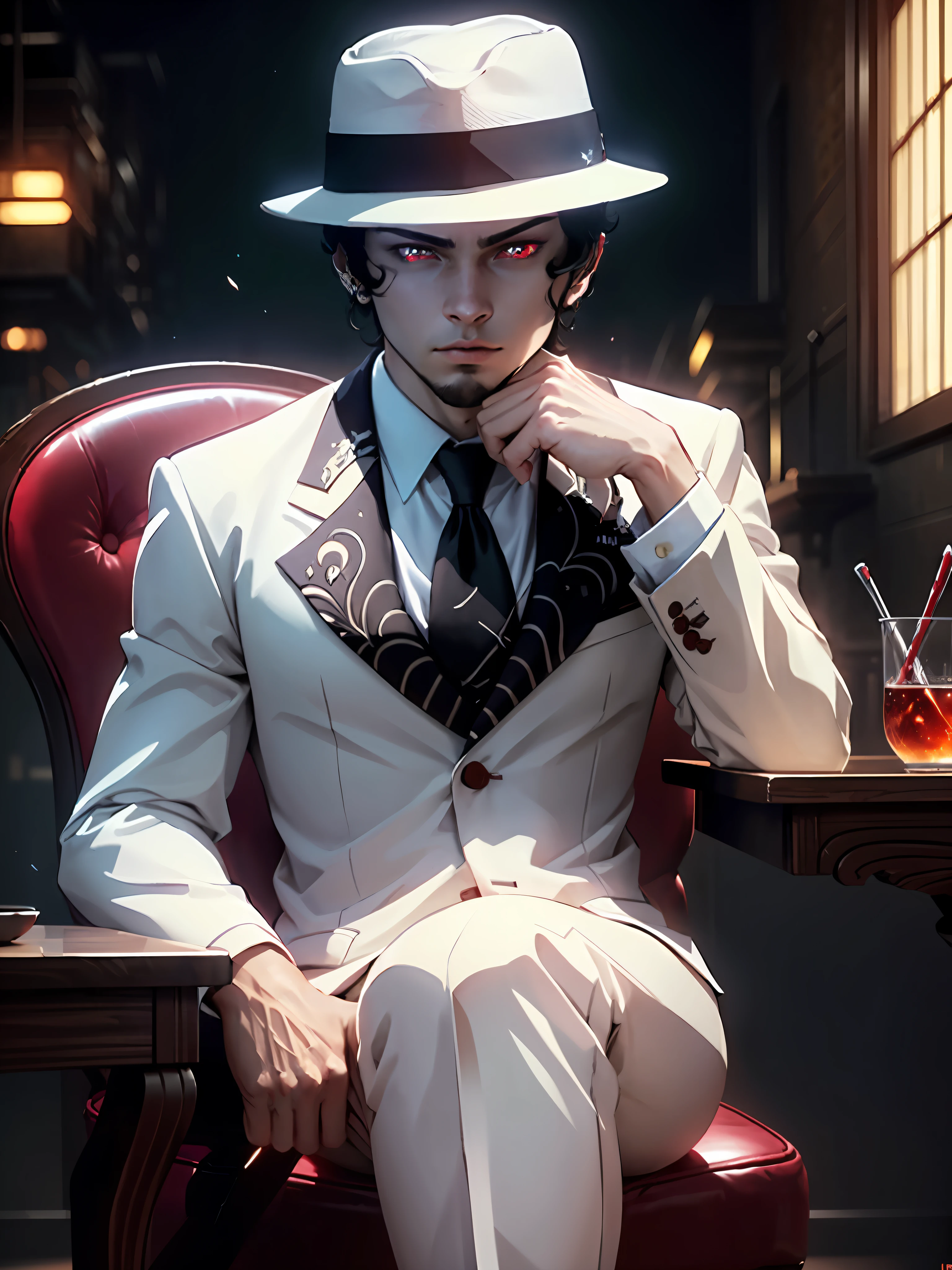 (masterpiece:1.2, best quality), MuzanMale, 1boy, male focus, solo, sitting, hat, red eyes, formal, suit, black hair, chair, looking at viewer, white fedora, cinematic lighting, demonic, red particles, detailed background, complex structures, hyperdetailed sharp face, dynamic pose