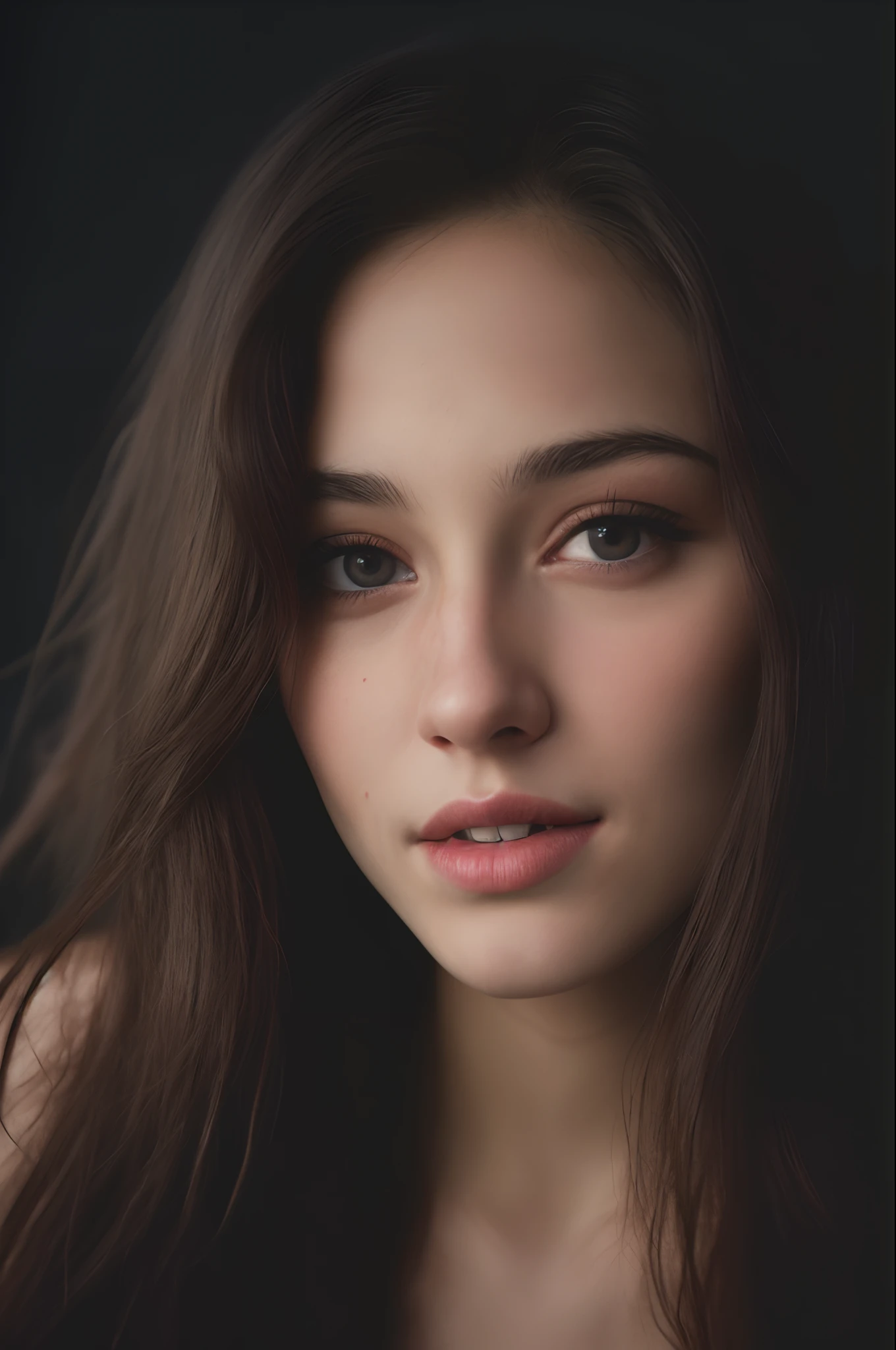 (close-up, editorial photograph of a 21 year old woman), (highly detailed face:1.4) (smile:0.7) (background inside dark, moody, private study:1.3) POV, by lee jeffries, nikon d850, film stock photograph ,4 kodak portra 400 ,camera f1.6 lens ,rich colors ,hyper realistic ,lifelike texture, dramatic lighting, strong contrast, cinestill 800