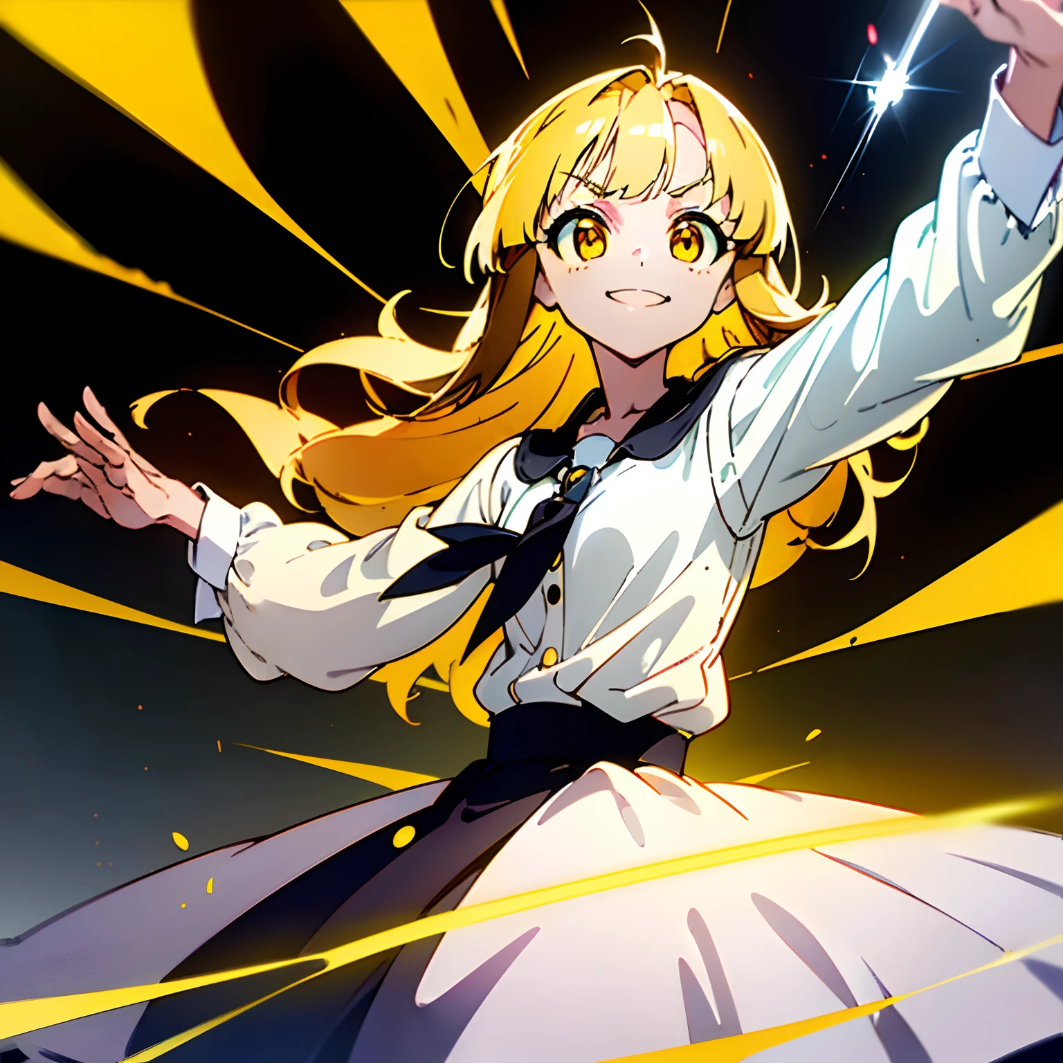 ((Masterpiece, solo, upper body, black background, loli, flat chest, young, slim body)), anime girl standing with arms outstretched, holding conductor's baton, musical notes, ((white skin, loli, flat chest)), blonde hair, long hair, wavy hair, long bangs, ((large yellow eyes, big eyes, glowing yellow eyes, circle eyes, blank eyes, smug face, grinning)), ((white button up shirt, long sleeve shirt)), (grey skirt)