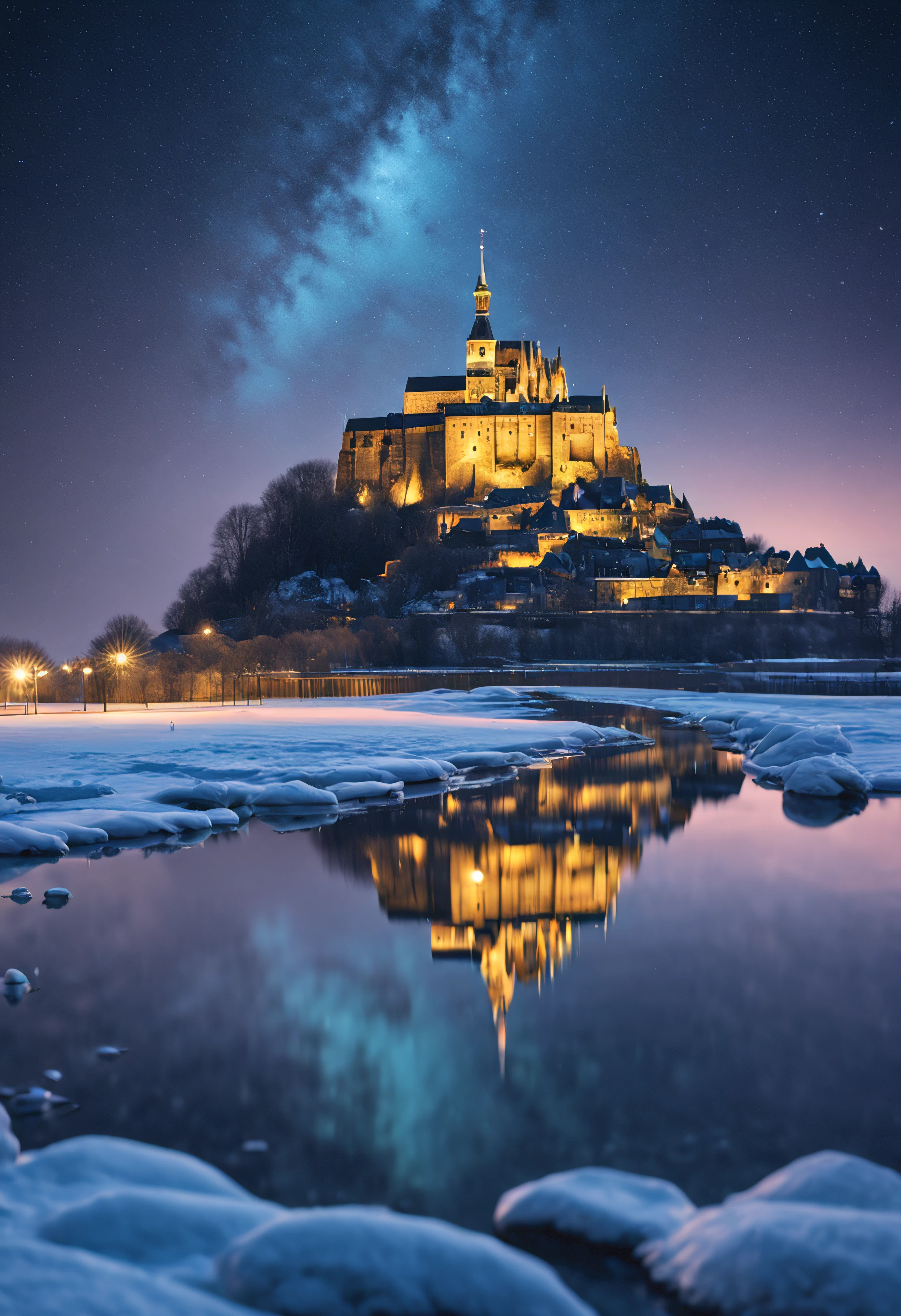 (high quality,4k,8k,highres,masterpiece:1.2),ultra-detailed,(realistic,photorealistic,photo-realistic:1.37),Mont-Saint-Michel reflection on frozen water,night,castle,water,icy reflection,glowing lights,frozen river,mystical aura,majestic,ethereal,Aurora Borealis dancing in the night sky,stars shimmering,vivid colors,cosmic,peaceful,snow-covered surroundings,glistening snowflakes,serene silence,quiet beauty,enchanted,moonlit atmosphere,deep blue tones,impressive architecture,ancient charm,medieval,fantasy concept,frozen magic,wonderland,surreal,French landmark,castle on a hilltop,mirrored reflection,tranquil,peaceful,stillness,landscape,beauty in simplicity,romantic setting,element of mystery and awe,captivating,otherworldly,daydream-like,vibrant,enchanted winter,feeling of serenity,touch of enchantment