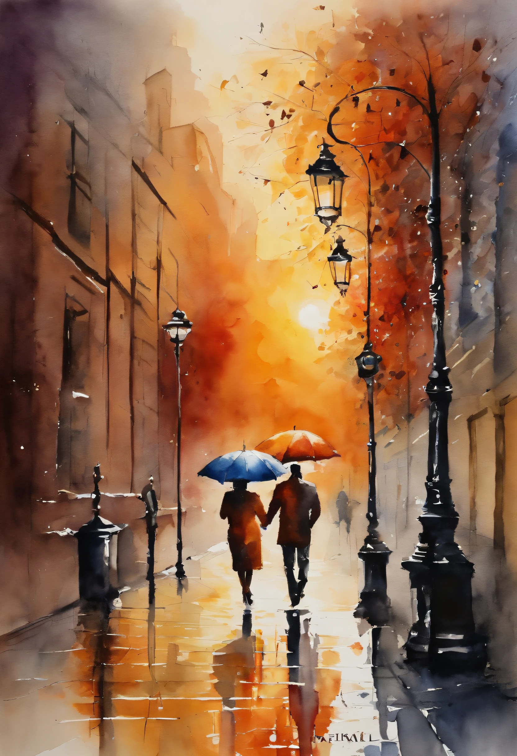 Man and his wife stroll in beautiful evening sun, set against city of London
