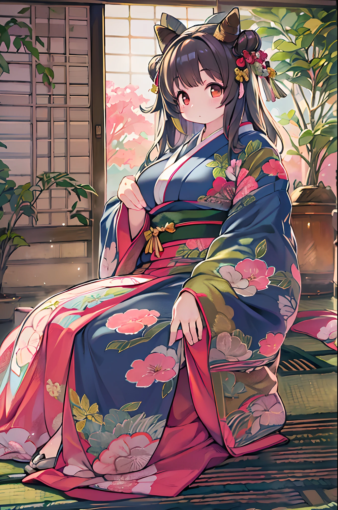 (8K, Best Quality, masutepiece, Ultra high definition: 1.2),Kimono,traditional Japanese room,Hakama,fullllbody、huge-breasted、bbw、BBW、Anime style