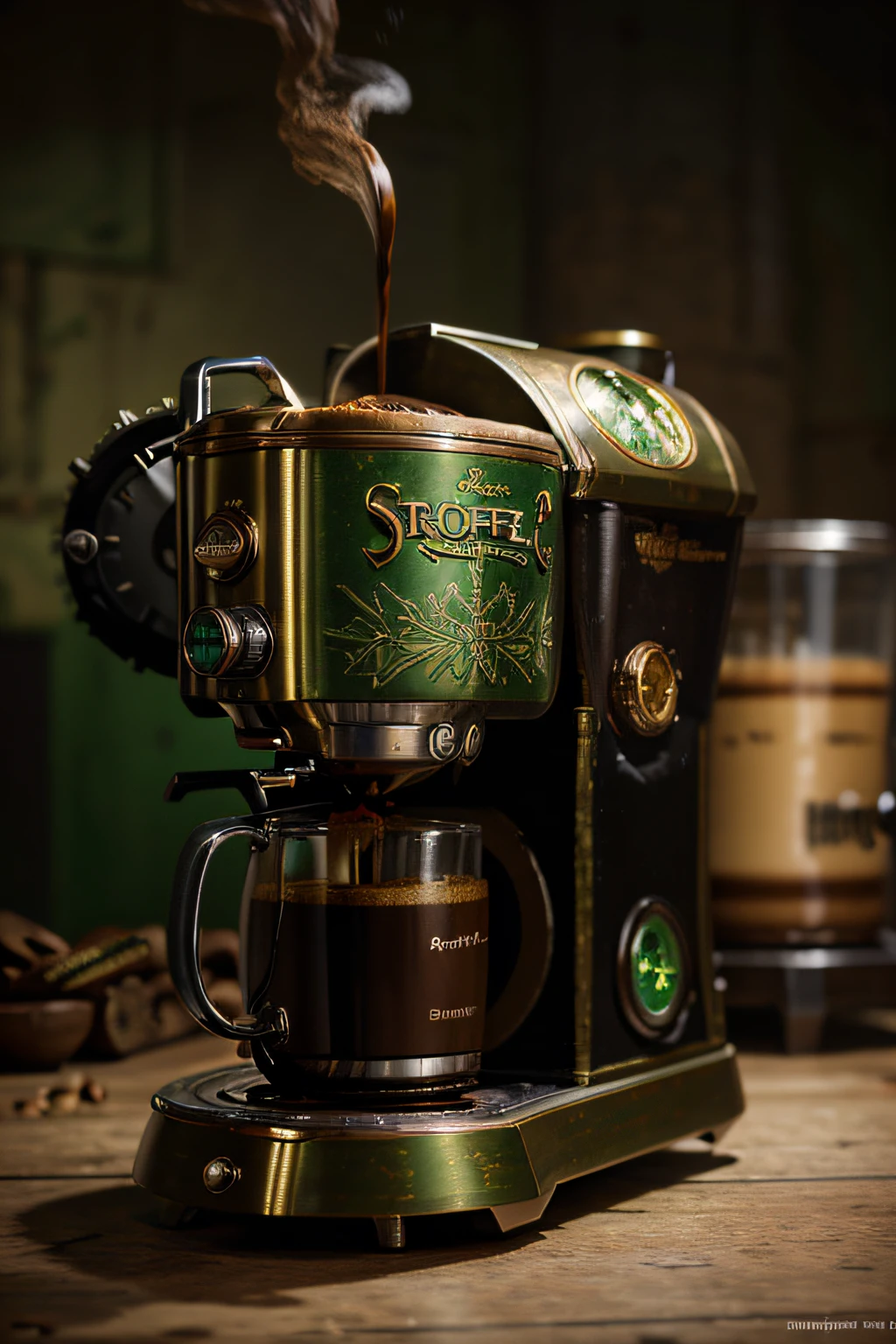 Concept art of a brutal steampunk coffee machine, Shrek's coffee machine, A combination of green and gold, a lot of details, Complex Mechanism, The mechanism brews coffee, Coffee pouring into a cup, higly detailed, hight resolution, Hi-Def, High depth of field, Maximum realism