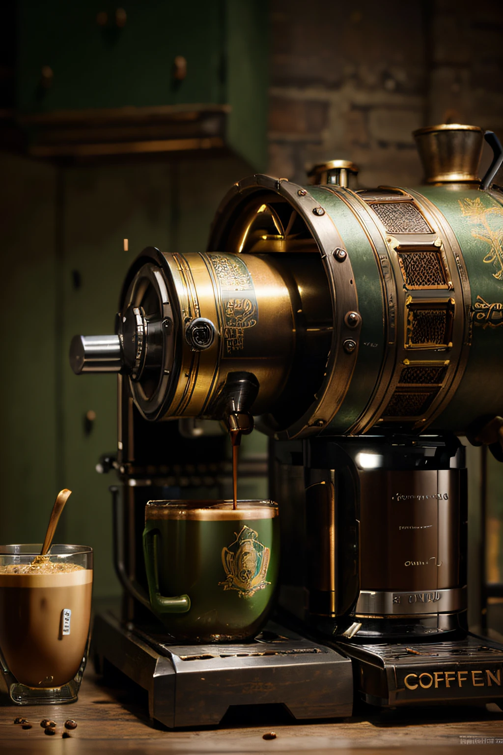 Concept art of a brutal steampunk coffee machine, Shrek's coffee machine, A combination of green and gold, a lot of details, Complex Mechanism, The mechanism brews coffee, Coffee pouring into a cup, higly detailed, hight resolution, Hi-Def, High depth of field, Maximum realism