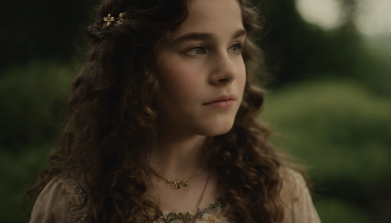 Generate an image of Emily, a -yeld giwith long, dark, curly hair cascading gently to her shoulders. Her brown eyes convey intense curiosity but also a hint of insecurity. She has a delicate appearance, adorned with light freckles on her nose and cheeks. Her face is expressive, revealing her emotions genuinely. Emily is wearing a vintage dress with floral patterns and delicate details, often found in local thrift stores. She also sports antique pendant necklaces and handmade bracelets, contributing to her unique style. The image should capture Emily's distinctive essence and the atmosphere of her personality and style.
