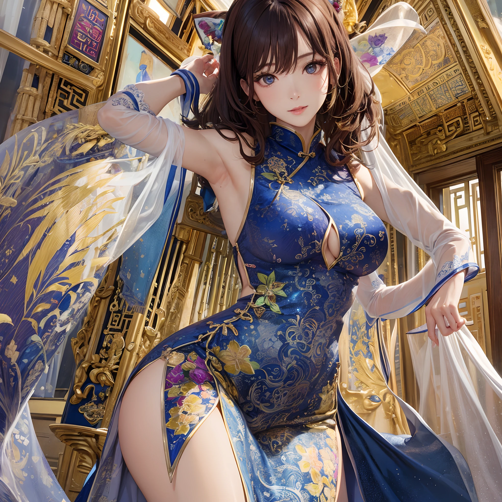 masterpiece、top-quality、hight resolution、High-quality images、8K、the detail、1lady、Photorealsitic、skin gloss、Texture、Lustrous hair、Detailed eye depiction、s lips、Light brown longhair、colourfull、poneyTail、portlate、Long body、sensually、Thicker thighs、Purple Navy Blue Cheongsam、slit、Mucha style background