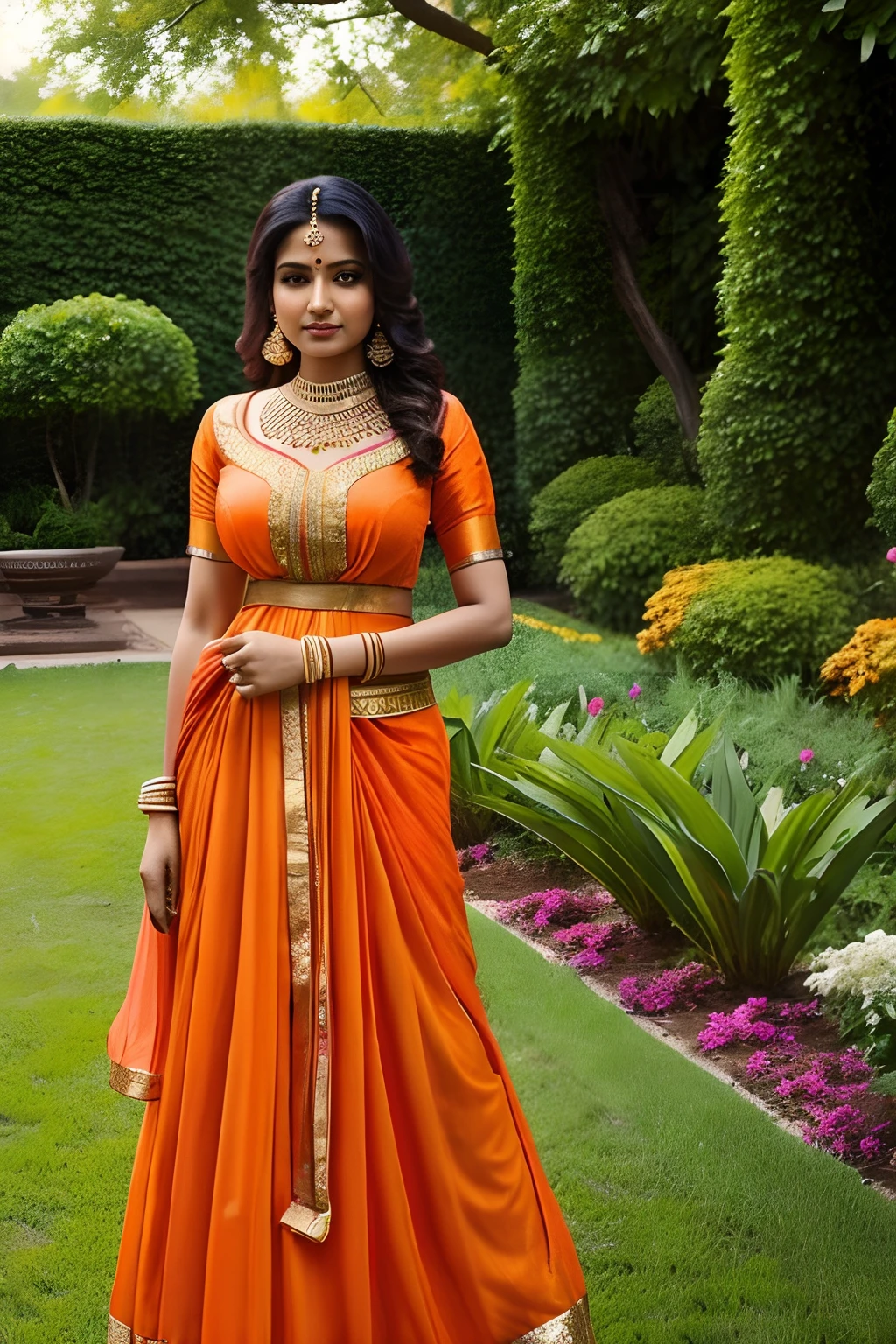 Indian woman、Female sexy、Traditional Indian costume in orange color、In the garden