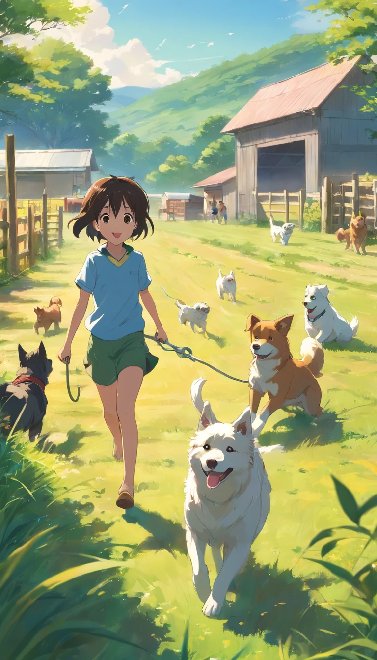 The children are playing with the dogs on the farm.