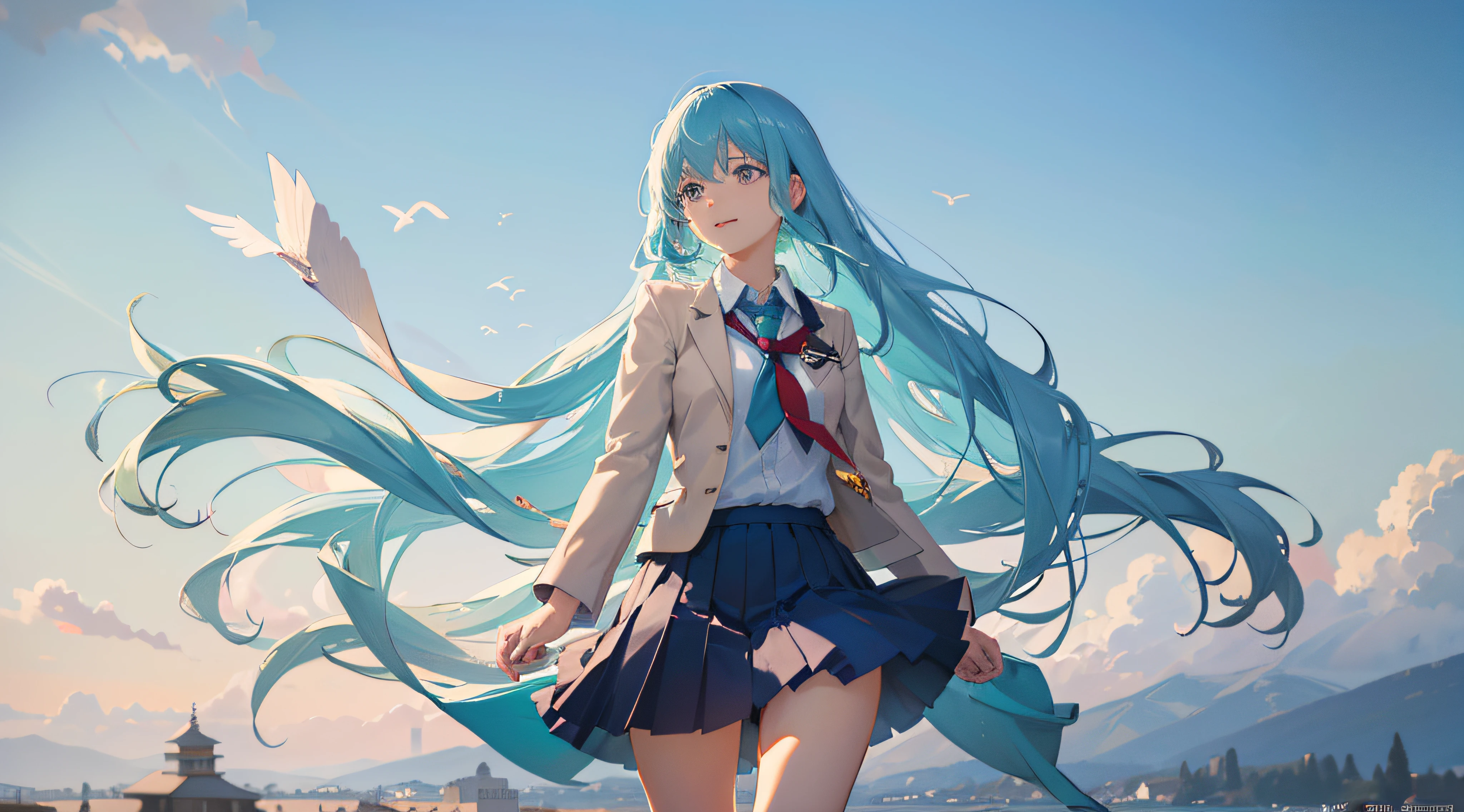 ((intricate detailes, High resolution illustration)), Medium Long Shot, depthoffield, view straight on, incredible detailed, neat figure, 1 girl, a girl with long hair, blue hair, Hair fluttering in the wind, extremely beautiful detailed anime face and eyes, grin,complex details beautiful and delicate eyes, Delicate arm and hands, Small breasts, (校服,blazers,skirt by the,student clothes, Skirt swaying in the wind), aqua Clothes, Blue sky, Schools,school buildings,Blue Sea, (((masutepiece, Best Quality, very fine 8KCG wallpaper))),
