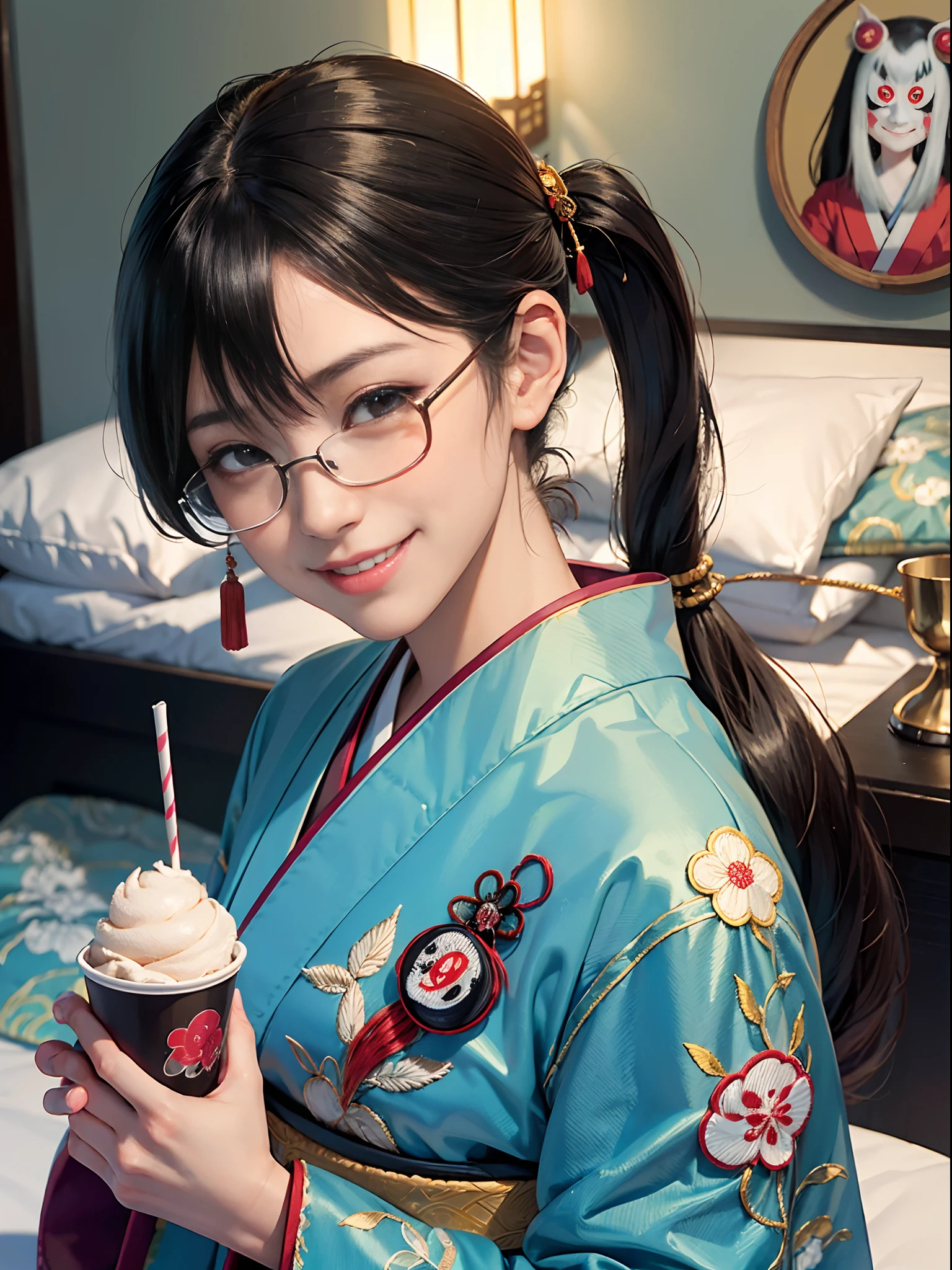(rokoko:1.5),Background of details(Lying in bed:1.2),BREAK ,elaborate costume(Luxury kimono(Colorful kimono(detailed embroidery(Yokai embroidery)))),BREAK,(1 Beautiful and classy adult woman(Shy smile:1.5)(Japanese actressl:1.2)(glossy dark hair(poneyTail:1.2))),(eye glass(four corners:1.2)),(Have a soft-serve ice cream:1.2),BREAK,Wallpapers 16K,Blur the background,(masutepiece:1.5),(Best Quality:1.5),(Portrait photos:1.5),full body Esbian