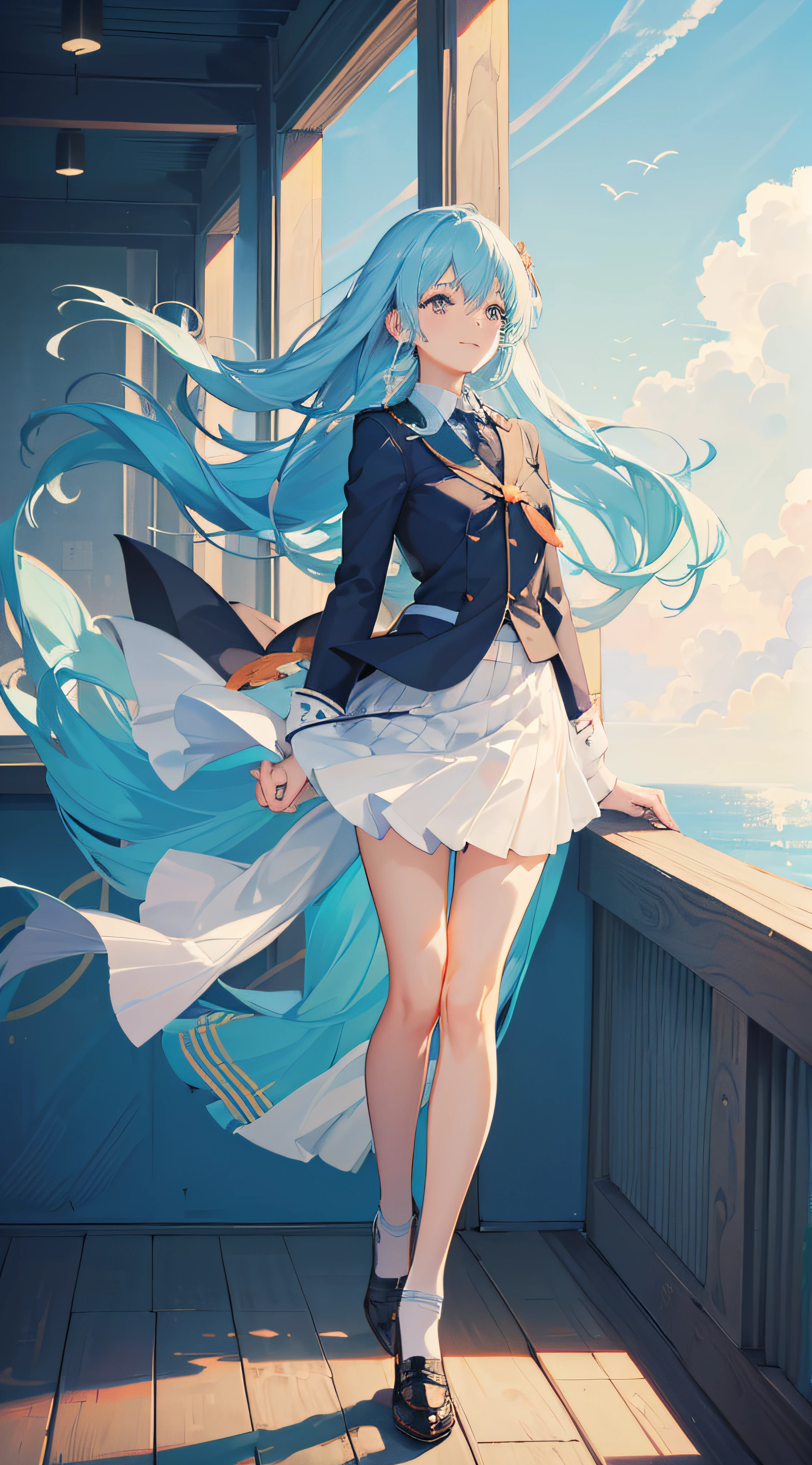 ((intricate detailes, High resolution illustration)), Medium Long Shot, depthoffield, view straight on, incredible detailed, neat figure, 1 girl, a girl with long hair, baby blue hair, Hair fluttering in the wind, extremely beautiful detailed anime face and eyes, grin,complex details beautiful and delicate eyes, Delicate arm and  hands, Small breasts, (校服,blazers,skirt by the,student clothes, Skirt swaying in the wind), aqua Clothes, Blue sky, Schools,school buildings,Blue Sea, (((masutepiece, Best Quality, very fine 8KCG wallpaper))),