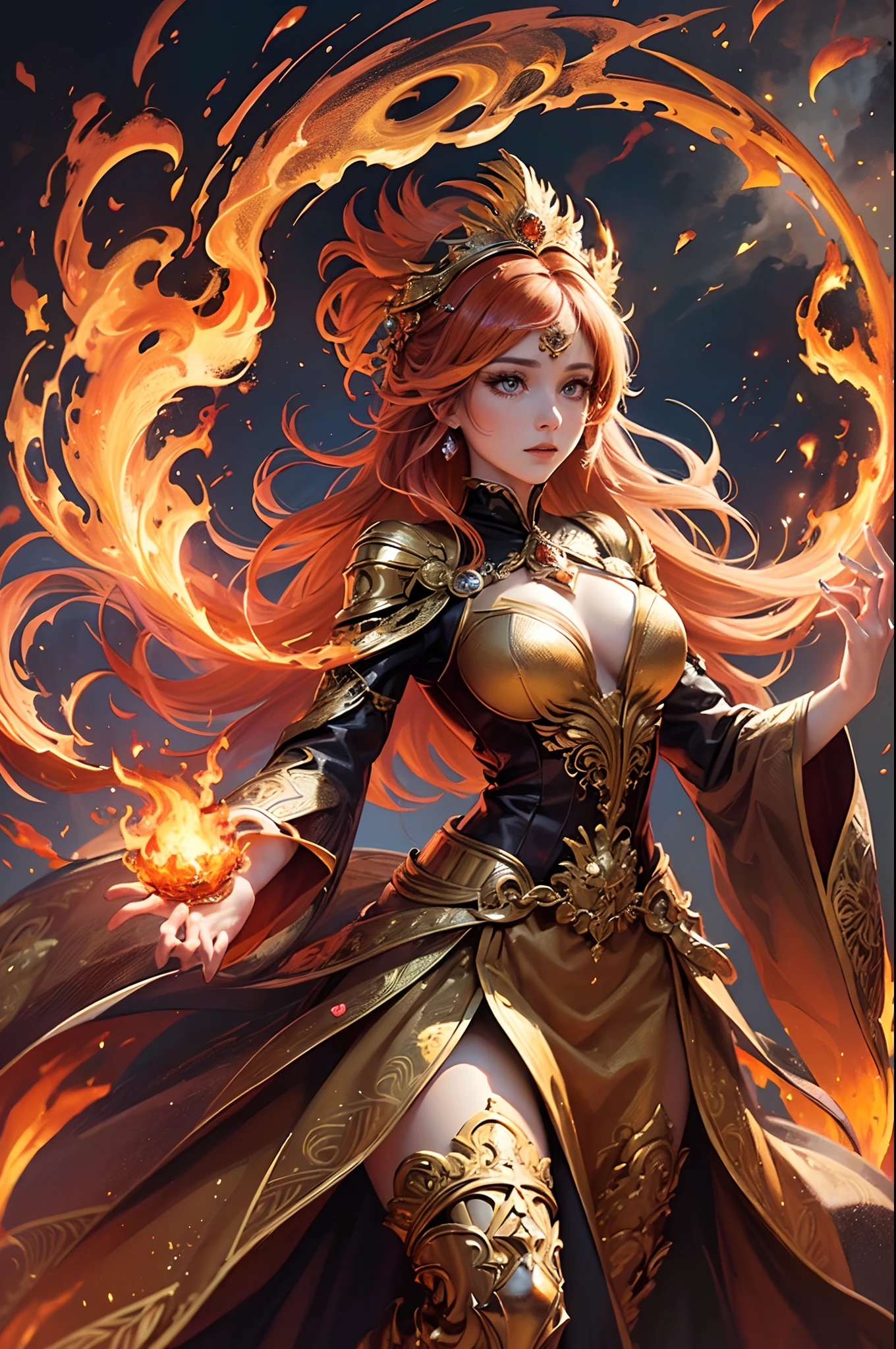 "(Masterpiece, Top Quality: 1.2), Official Art, Ablaze Goddess, Floating Pose, Holding a Fire Phoenix, Detailed Eyes (Embers Gleaming: 1.3), Intricate Fire-Themed Crown, (Fiery Dress: 1.4), Ethereal Flames Background, (Majestic Fire Aura: 1.1), (Glowing Ember Highlights)."