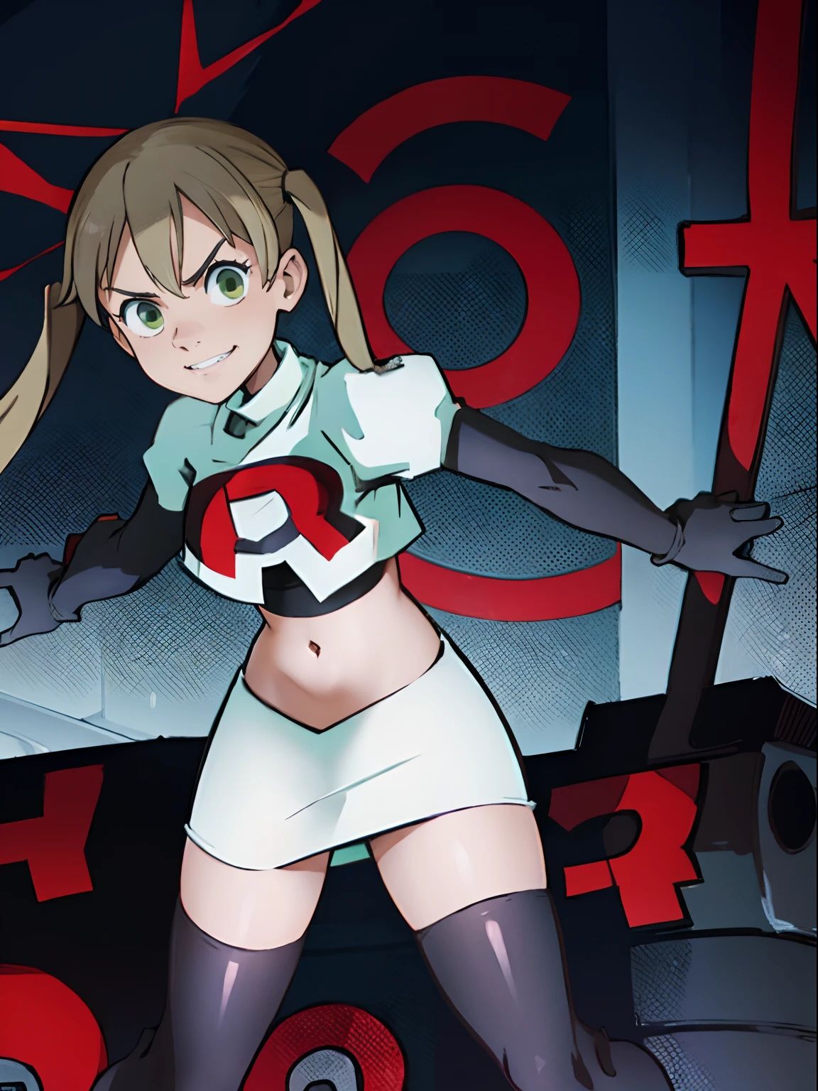 maka albarn, twintails, team rocket,team rocket uniform, red letter R, white skirt,white crop top,black thigh-highs,black elbow gloves, evil smile,