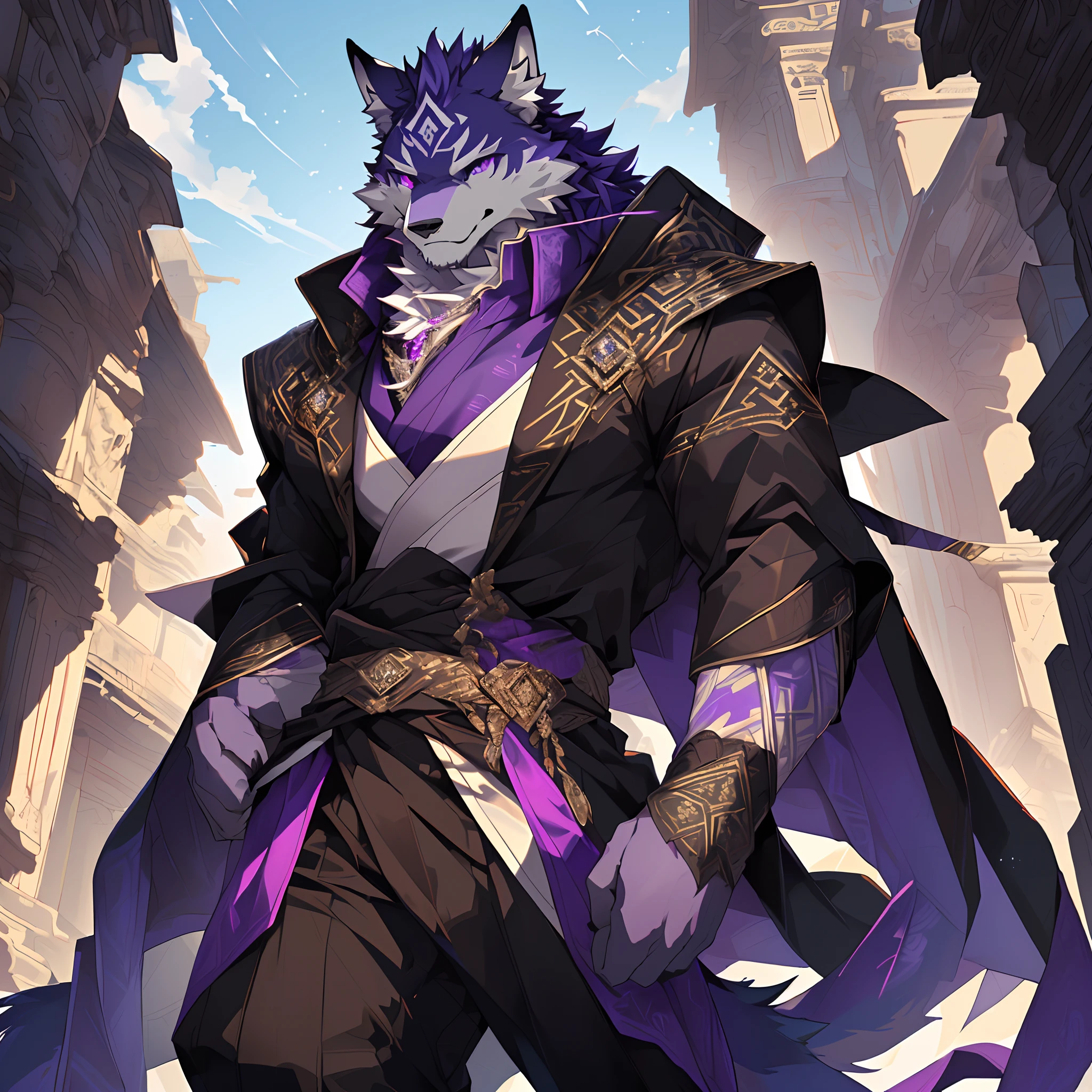 high resolution, Masterpiece, Best quality, Exquisite details, Anatomical consistency, Purple Wolf, Evil pink-purple eyes, Diamond-shaped silver pattern on the forehead, Handsome, About 25 years old, A bit lean, Arrogant eyes, Calm expression, Black trench coat in Assassin style, Purple shirt,Precise facial construction