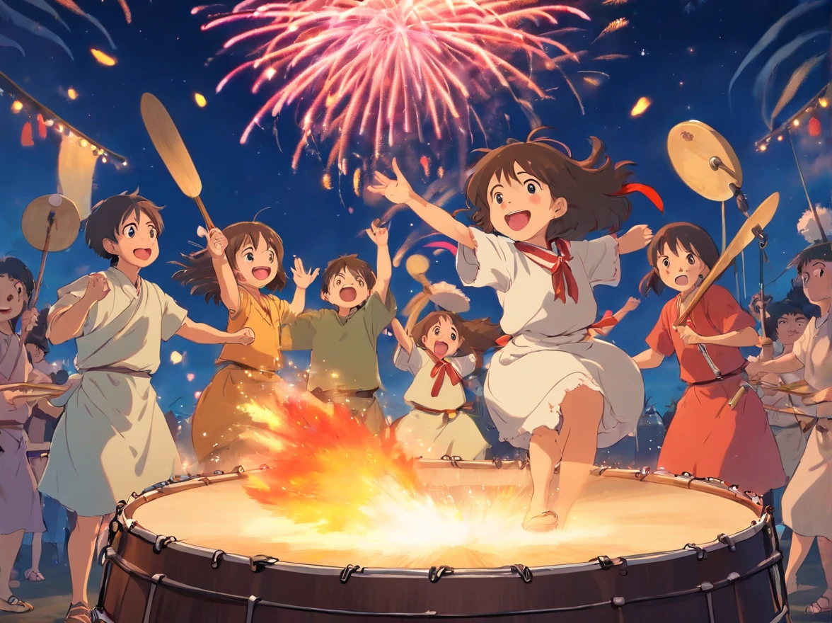 People play drums,Blow, play, sing,Bonfire party,People hold hands in circles,Set off fireworks,Singing and laughter,ethnic dress,