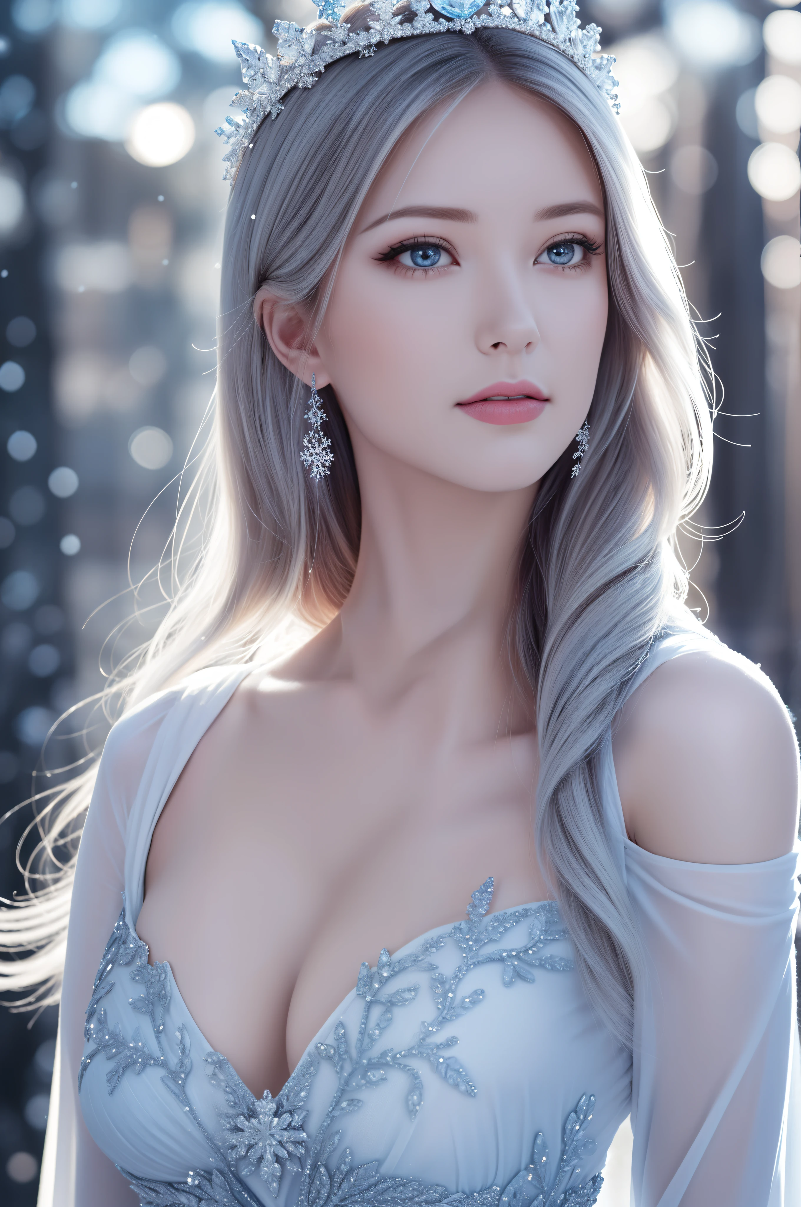 (best quality,4k,8k,highres,masterpiece:1.2),ultra-detailed,(realistic,photorealistic,photo-realistic:1.37),snow queen,beautiful detailed eyes,beautiful detailed lips,extremely detailed eyes and face,long eyelashes,snow-covered palace,winter wonderland,crown of ice,sparkling snowflakes,ethereal beauty,snowflakes swirling around,snow-covered trees,gorgeous snow queen,glowing ice shards,powdery snow,snowflakes glistening in the sunlight,majestic and graceful presence,snow-capped mountains,icy breath,hint of blue and silver in the color scheme,dramatic lighting,soft snow falling,queen's regal gown,subtle shades of white and blue,icy palace walls,crystal-like skin,icy blue eyes, ultra-realistic, photorealistic, photograph, photogenic, bokeh, cleavage, bare shoulders, concentrated expression, realistic big breasts.