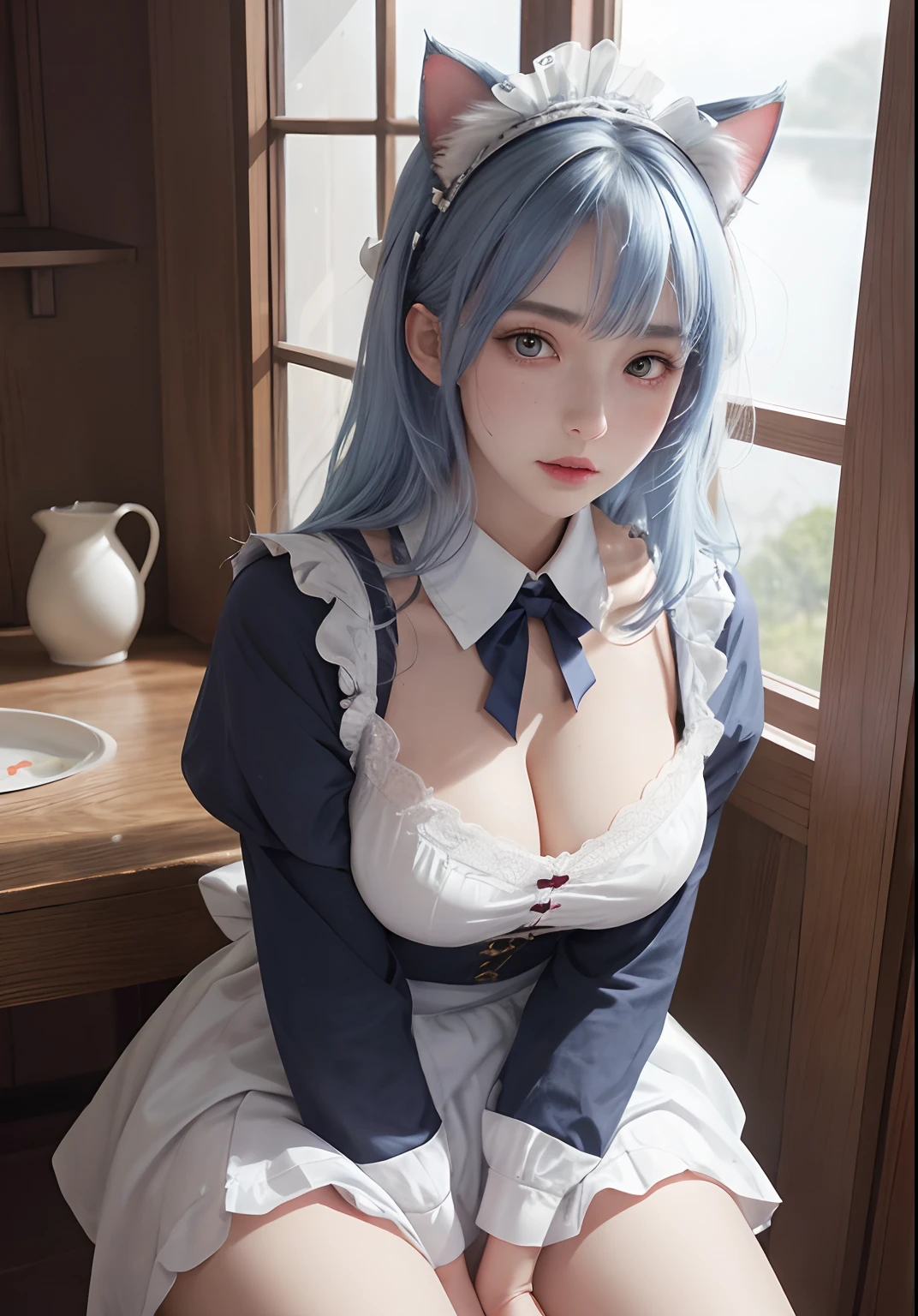 1girll, 独奏, nedium breasts, looking at viewert, Be red in the face, short detailed hair, eBlue eyes, hair adornments, shift dresses, Ribbons, Huge breasts,DEEP-V COLLAR,Open chest,Upper chest, blue hairs, Hair ribbon, exteriors, No sleeves,Expose your arms to the sky, daysies, Hair is more than one eye, aprons, blue-sky, maidennurse, maid headdress, x hair ornamen, pink ribbons, Rossvale Mansion maid uniform,Young European and American women,Bigboobs,Upper chest,Expose the genitals,Tinif Blue,blue hairs,Gradient color hair,Cat ears,Stretch meat,stocklings,Wide thighs,cleavage,HD bell collar,true to life,Lace,Top quality,tmasterpiece,one-girl,Wavy gray hair,paleskin,Cat ears,Cat eyes,Moles under the eyes,Thick eyebrows,Thick lips,scar across right eye,freckle,in class room,Lori huge breasts cleavage,Small waist,Wide thighs,thigh gap,Exposing thighs,熟妇 ,secretary,mature,cinmatic lighting (RAW photogr:1 girlirl.2 pcs),(true to life:1 girlirl.4 pcs),beautiful details girl,very detailed eyes and faces,beatiful detailed eyes,Moody smile,hugefilesize,ultra - detailed,k hd,The original E is very detailed,best qualtiy,tmasterpiece,kemomimi,((Japan Girls' High School)校服)), illustratio, The original E is very detailed, CG, unified, 8k wallpaper, breath-taking, finedetail, tmasterpiece, best qualtiy, Highly detailed CG uniform 8k wallpaper, face illuminated,cinmatic lighting, , primitive,tmasterpiece,ultra fine photos,,best qualtiy,超高分辨率,Photorealistic and realistic,Breathtakingly beautiful,dynamicposes,s delicate face,Vibrant eyes,milkyW,highly detailedskin,Realistic details of skin,,8K UHD,digital SLR camera,high qulity,White skin of the,squatt,Squat toilet,urine,spread thighs,spread their legs,looking at viewert,Frontal photo