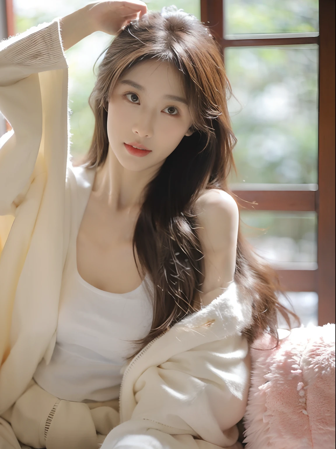 (8k, RAW photo, best quality, masterpiece:1.2), (realistic, photo-realistic:1.5), natural light, girl, beautiful girl, long hair, brown hair, brown eyes, ultra-detailed beautiful face, looking at viewers, big breast, white tanktop, cleavage, leaning forward, seductive pose, (background, garden, japan scenery, sakura, sakura petal, indoor)