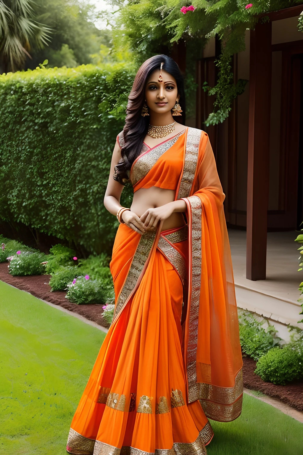 Indian woman、Female sexy、Traditional Indian costume in orange color、In the garden