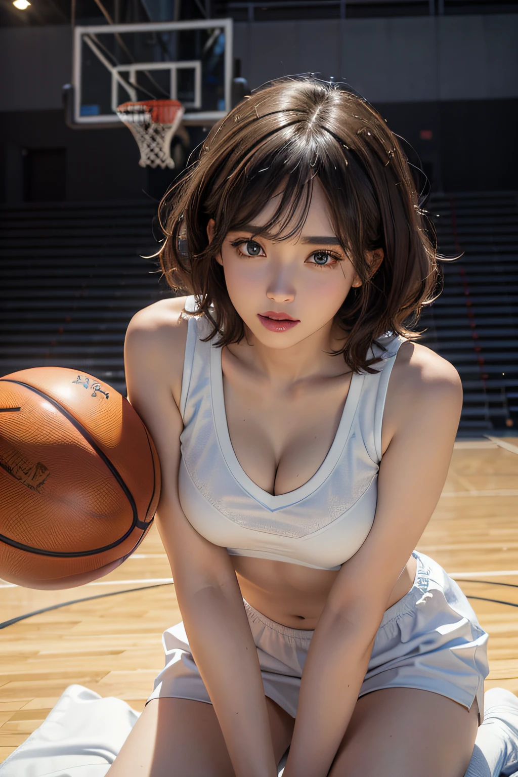 (RAW Photos,4K,tmasterpiece,hight resolution,very intricate)(realisticlying:1.4),Delicate girl with lighting facial features in the movie
1 Girls, single focus, Full body like,Summer noon, Playing the Basketball,thermography, 1990's\(styles\),White skin,(Bigchest,cleavage), (Best Quality), (hight resolution), (extremely delicate and beautiful),,(Beautiful 8k face),(Brown eyes),(ulzzang-6500:1.0),(Solo),(sideways Facing),(Spectators),(Large breasts),(nffsw),bent over,,sideways Facing,(Side), ,(Basketball sportswear),((playing basketball)),((Gymnasium)),((velocity)),(reality),(chiayi:1.5), closeup cleavage, tmasterpiece, best qualtiy, RAW photogr, realisticlying, faces, incredibly absurd res, Buatigarh, adolable, short detailed hair, depth of fields, hight resolution, ultra - detailed, finedetail, Very detailed, extremely detailed eye and face, Sharp pupils, pupil realistic, tack sharp focus, cinmatic lighting