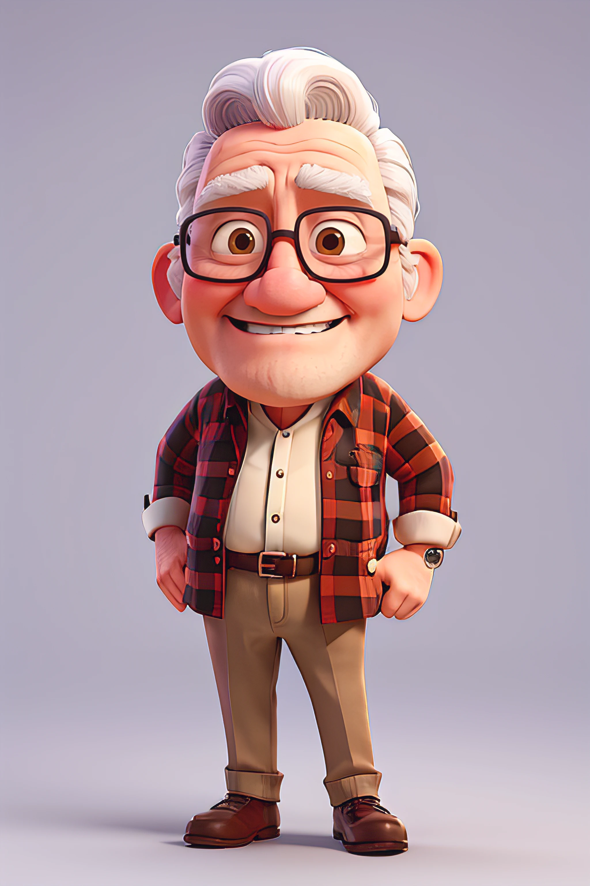 Old man in plaid shirt, giving a thumbs up to the camera, full body photo, Wearing rectangular glasses with rounded tips, long face, white hair, but with a big forehead and discreet smile, he is a fat person