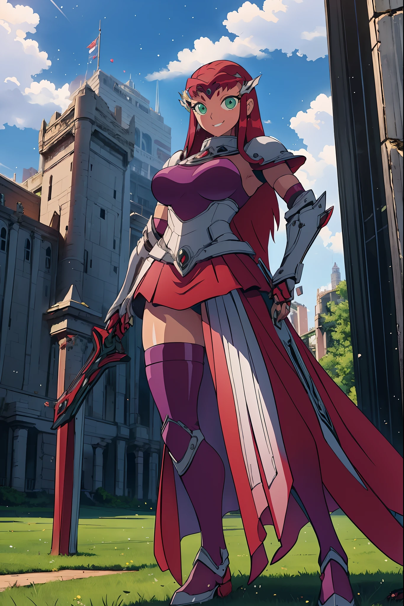 titans, Starfire, anime, masterpiece, 1girl, ((bimbo))), smile face, green eyes, long red hair, , wide hips, thick thigh, big breast, huge ass, shiny skin, purple skirt, purple top, full body, /upscale (icone de um jogo), (icone de peitoral : 1.5), um peitoral , peitoral marrom, chest plate, peitoral pesada marrom, peitoral grosso, peitoral de Armadura intrincada, peitoral de armadura de fantasia pesada, peitoral detalhado, armadura ornamentada, peitoral de Armadura Paladina, peitoral dearmadura de batalha, intrincada peitoral, pants, body suit, sentai armor, metal hero