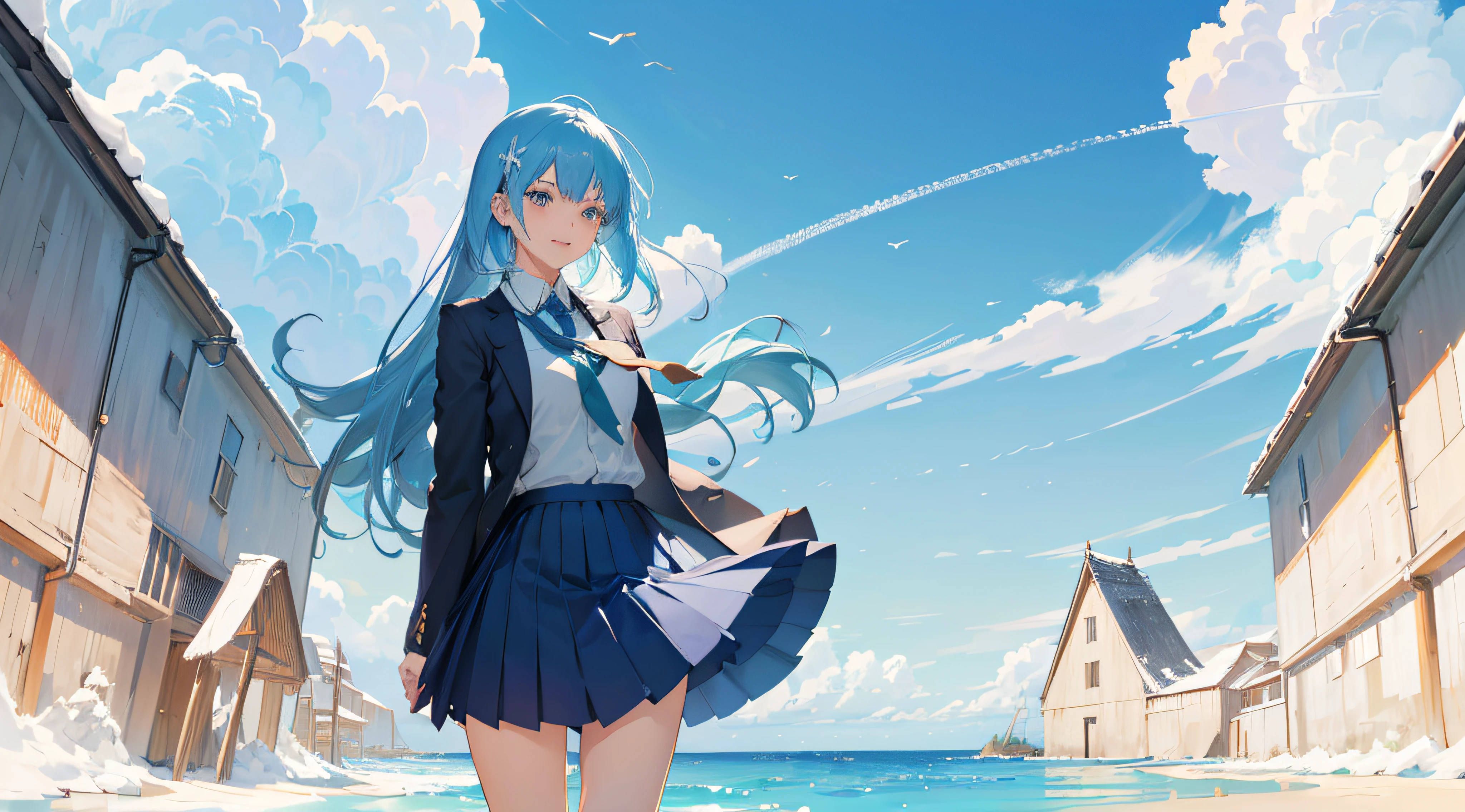 ((intricate detailes, High resolution illustration)), Medium Long Shot, depthoffield, view straight on, incredible detailed, neat figure, 2 girls, Bob haircuts and long hair, baby blue hair, Hair fluttering in the wind, extremely beautiful detailed anime face and eyes, grin, complex details beautiful and delicate eyes, Delicate arm and  hands, Small breasts, (校服,blazers,skirt by the,student clothes, Skirt swaying in the wind), aqua Clothes, Blue sky, Blue Sea, (((masutepiece, Best Quality, very fine 8KCG wallpaper))),