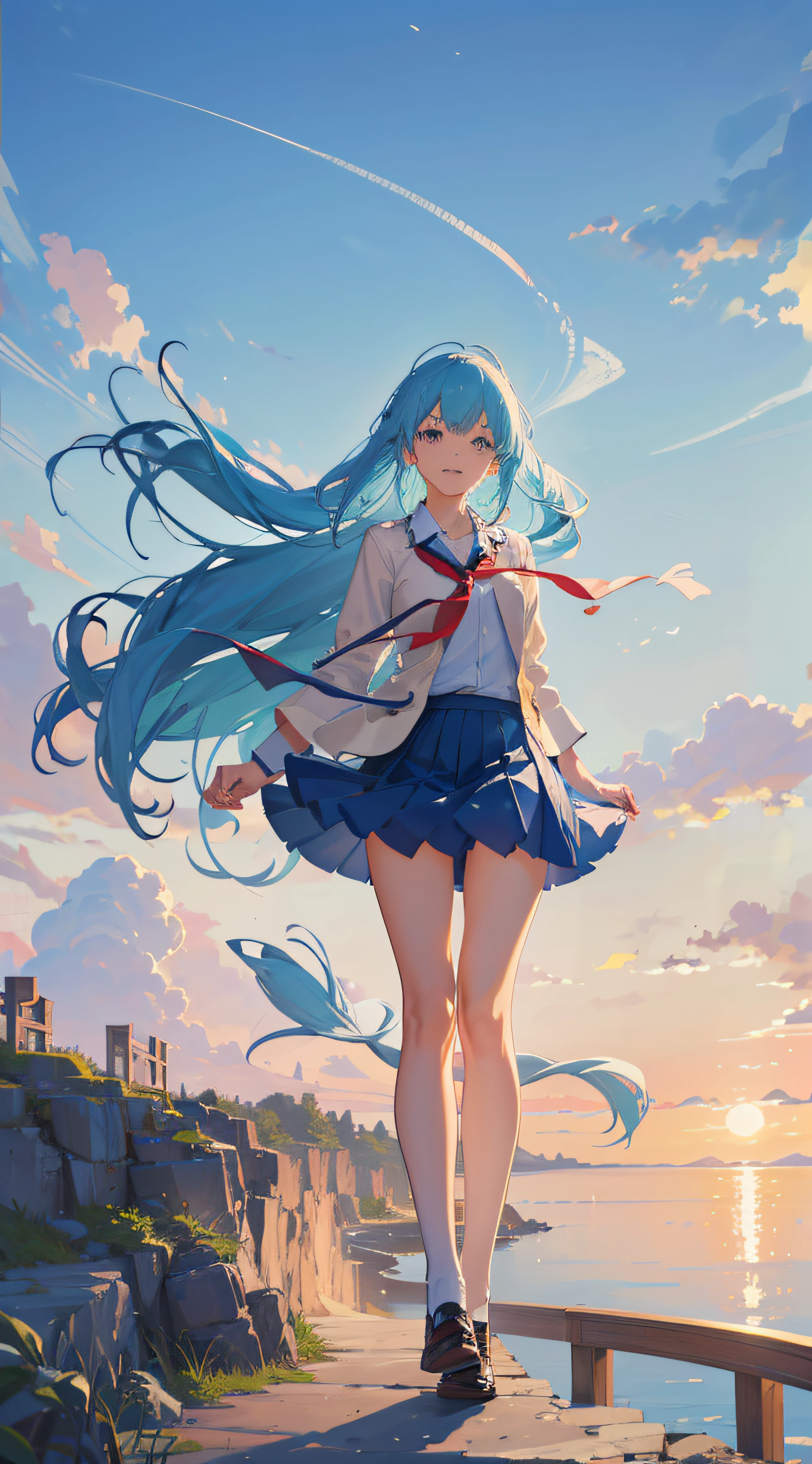 ((intricate detailes, High resolution illustration)), Medium Long Shot, depthoffield, view straight on, incredible detailed, neat figure, 1 girl, a girl with long hair, baby blue hair, Hair fluttering in the wind, extremely beautiful detailed anime face and eyes, grin,complex details beautiful and delicate eyes, Delicate arm and  hands, Small breasts, (校服,blazers,skirt by the,student clothes, Skirt swaying in the wind), aqua Clothes, Blue sky, Schools,school buildings,Blue Sea, (((masutepiece, Best Quality, very fine 8KCG wallpaper))),