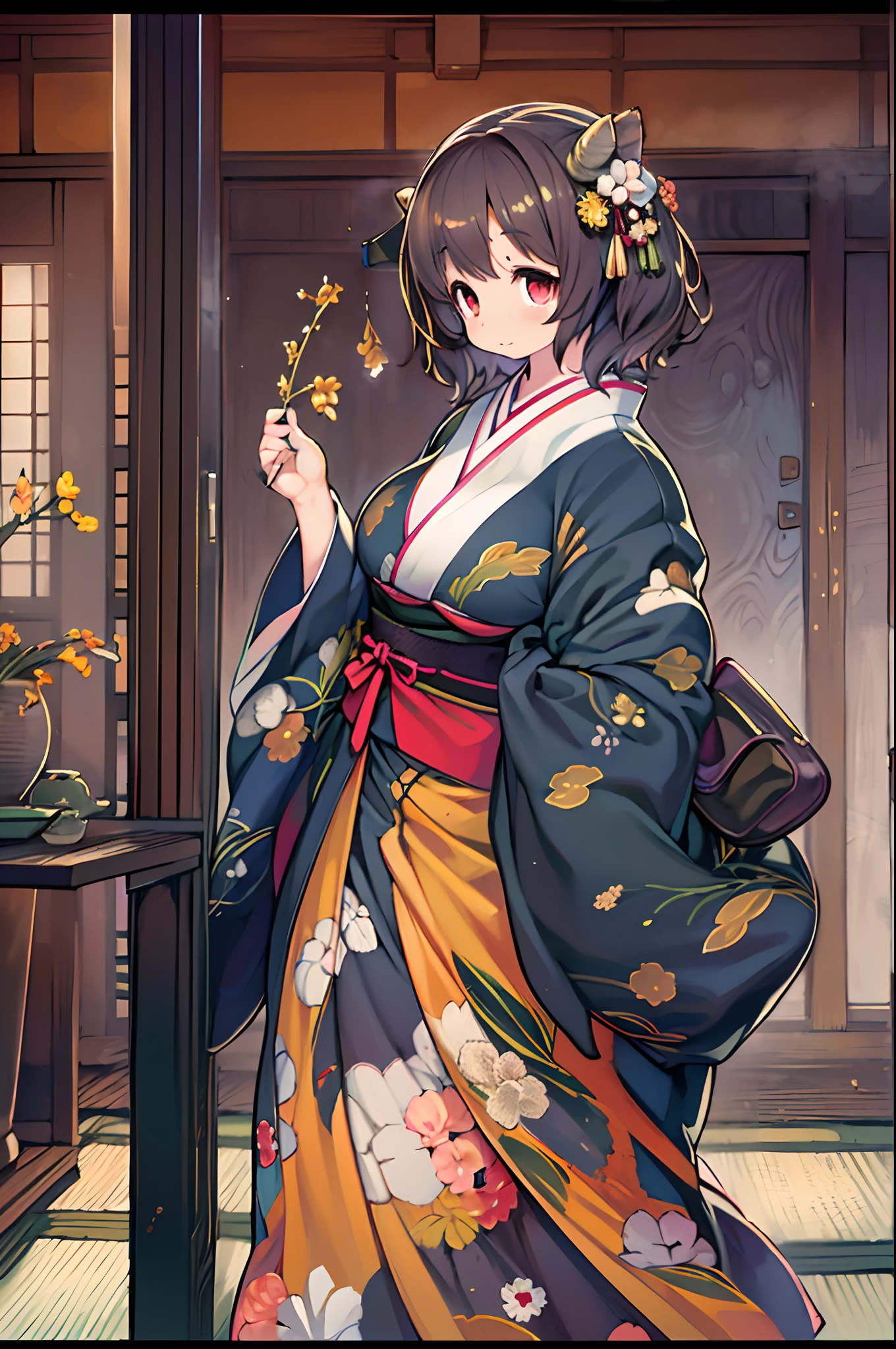 (8K, Best Quality, masutepiece, Ultra high definition: 1.2),Kimono,traditional Japanese room,Hakama,fullllbody、huge-breasted、bbw、BBW、Anime style