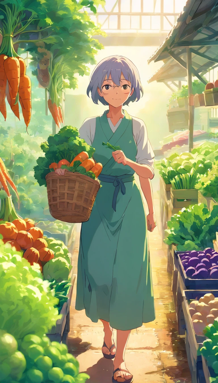 The old woman harvests vegetables in the garden.