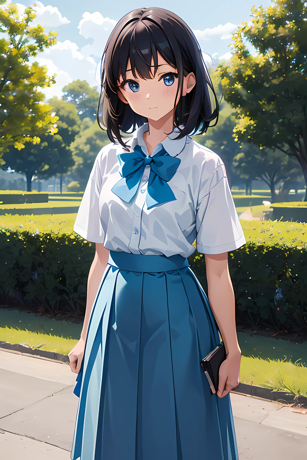 girl, student, age 15, wearing uniform, light blue skirt, long skirt, small bow, tiny bow, park, nature, nature park, anime, anime movie