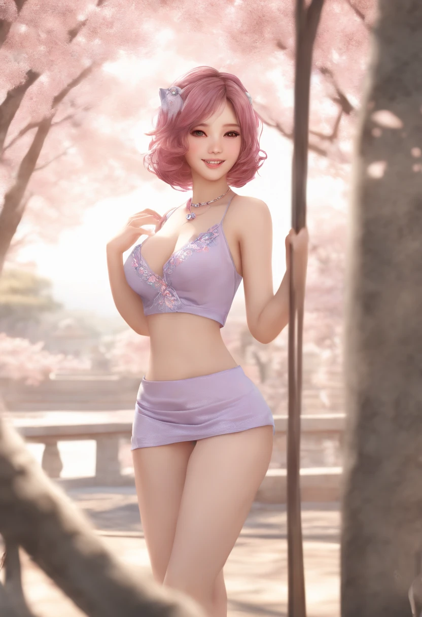 1girl, realistic, (looking at viewer:1), (ulzzang-6500:0.66), thighs, bare legs, dappled sunlight, best quality, ultra high res, (photorealistic:1.4), YaeMiko, fox ears, short hair, pink hair,  yae_sakura, jewelry, cherry blossoms, (smile:1), bare_shoulders, hair_ornament, purple_eyes,  , detached_sleeves, , detailed eyes,, (light smile:1), , (small breasts:1.4), , (bare upper body:1.4), , (puffy nipples:1),, arms behind back,