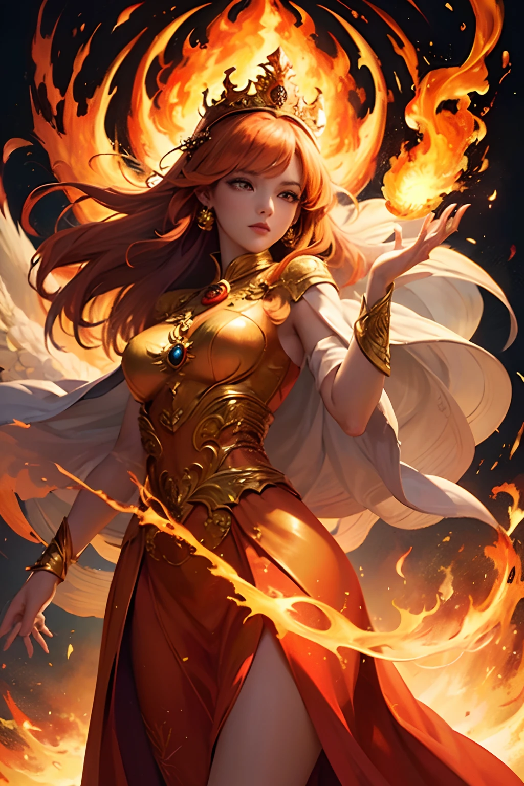"(Masterpiece, Top Quality: 1.2), Official Art, Ablaze Goddess, Floating Pose, Holding a Fire Phoenix, Detailed Eyes (Embers Gleaming: 1.3), Intricate Fire-Themed Crown, (Fiery Dress: 1.4), Ethereal Flames Background, (Majestic Fire Aura: 1.1), (Glowing Ember Highlights)."