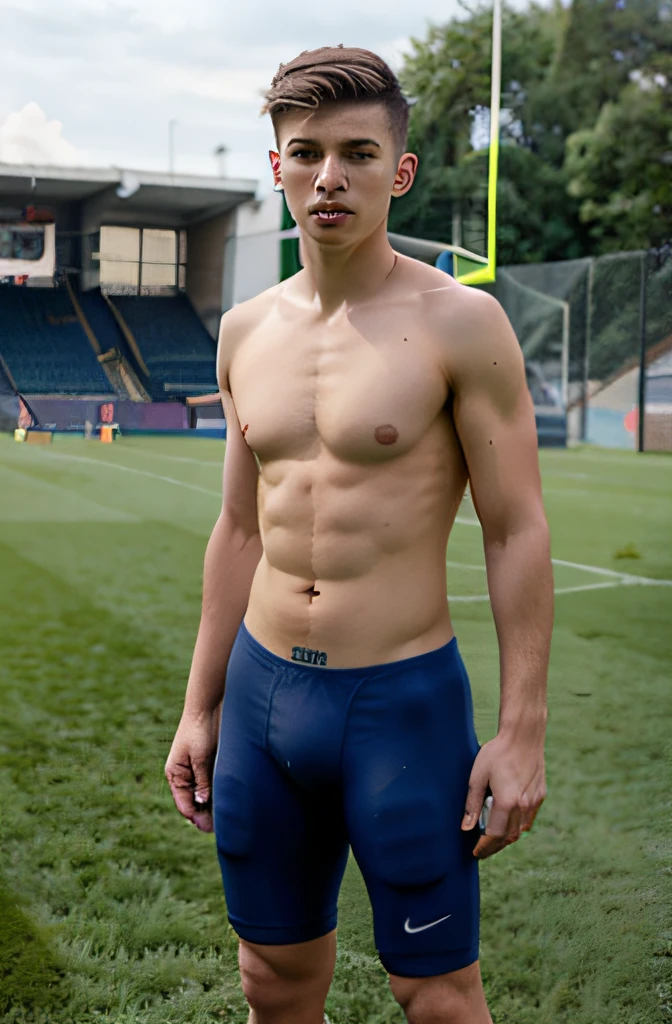 twink, , young, undercut hairstyle, soccer player, shirtless, skinny, shaved body, Nike long sport underwear, ,big bulge, full body picture, footbal pitch